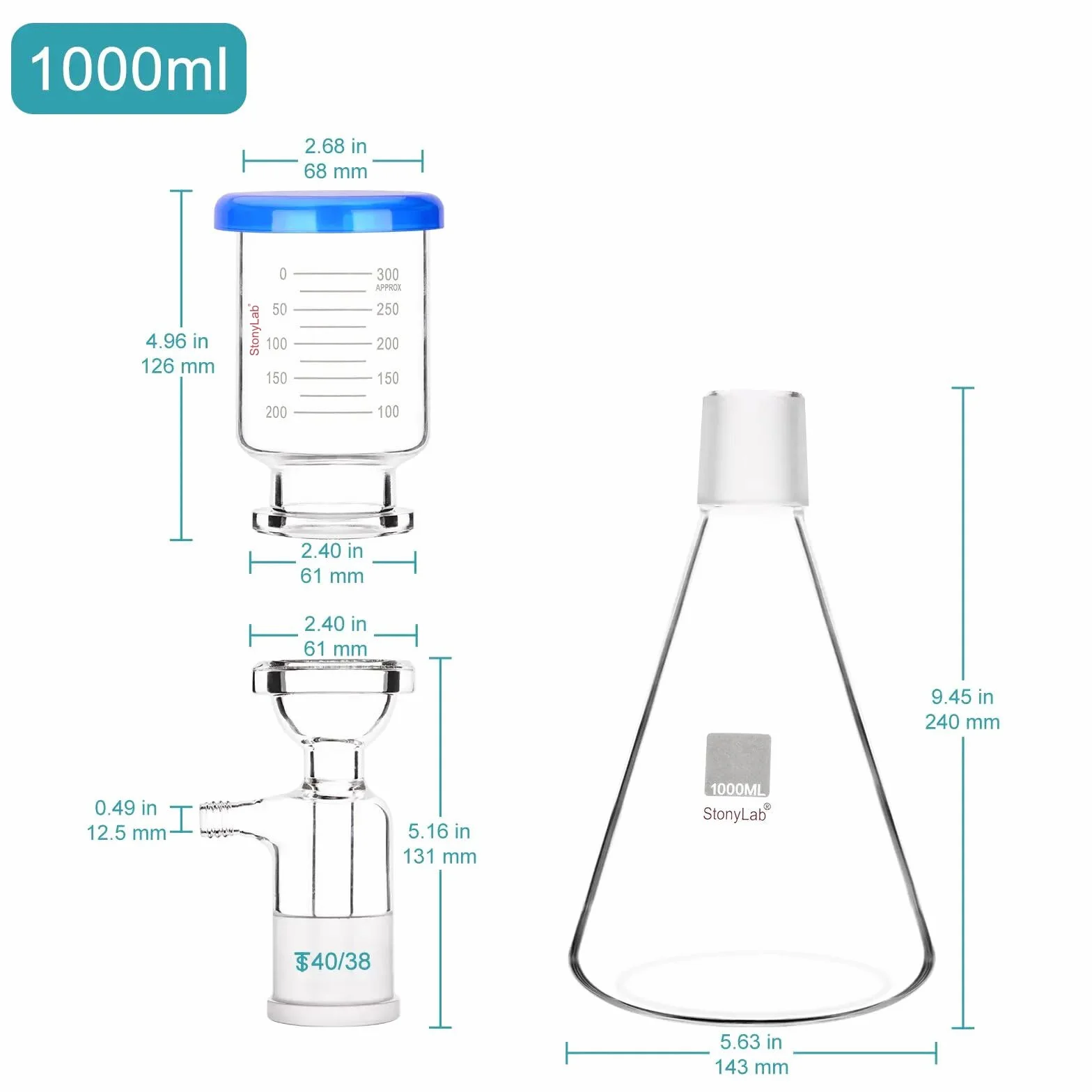 stonylab Aparat do filtrowania szkła, szkło borokrzemowe zestaw filtrów próżniowych z pojemnikiem filtrującym 1000 ml i 300 ml stopniowany lejek