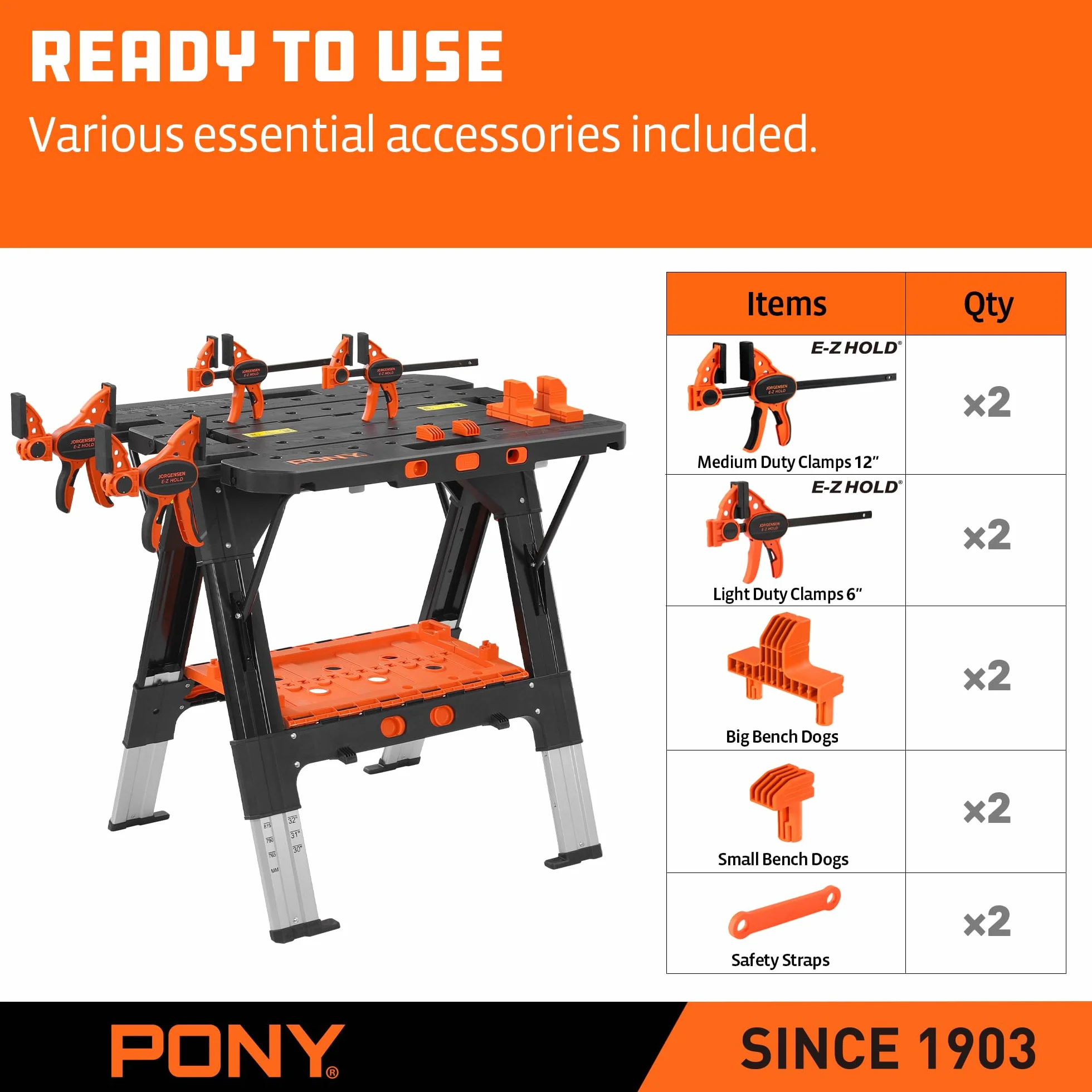 PONY Stół roboczy 2 w 1 z zaciskami spustowymi