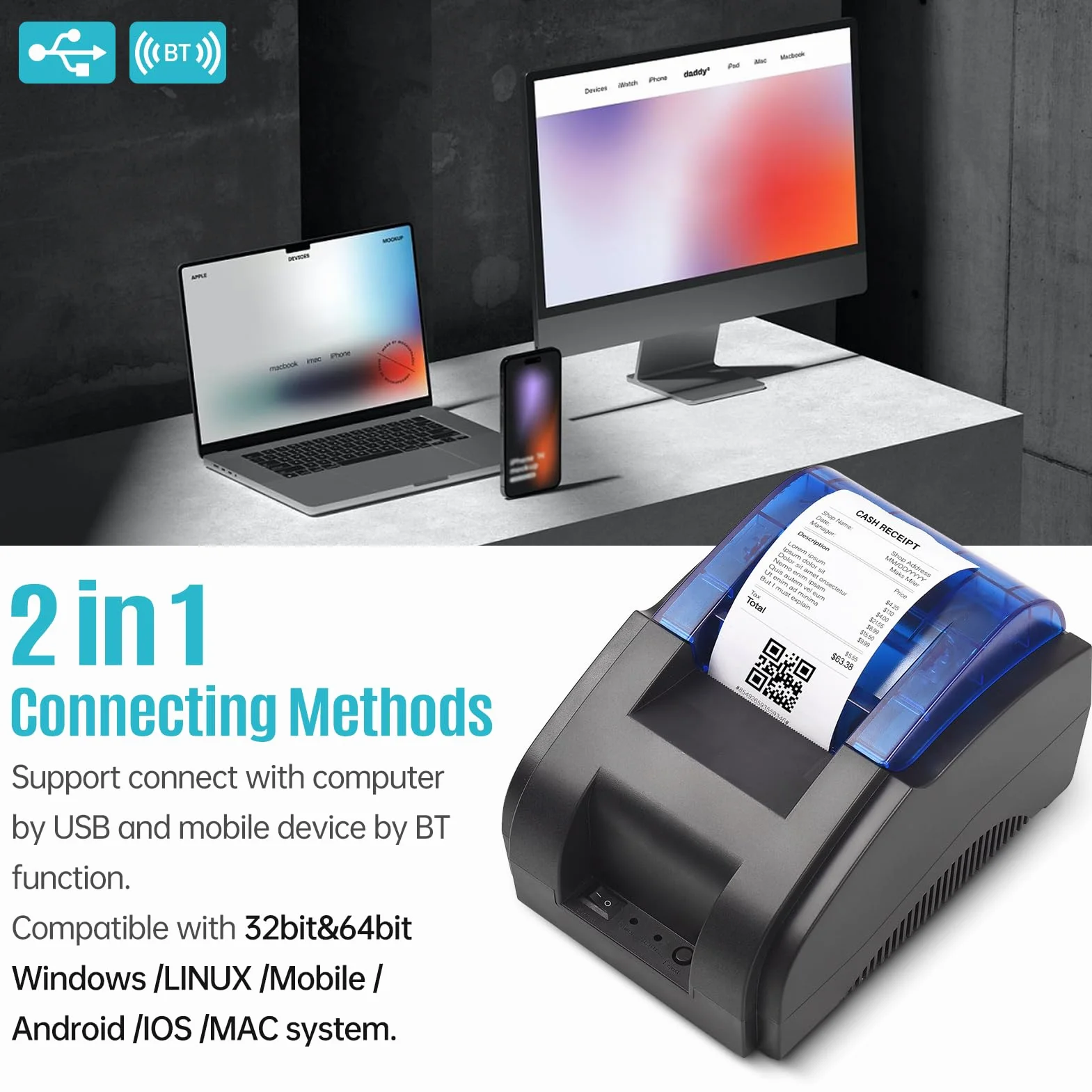 Bisofice Drukarka paragonowa 58 mm, drukarka paragonów, 1 rolka papieru, kompatybilna z systemem Windows/Linux/Android/iOS, obsługa poleceń ESC/POS
