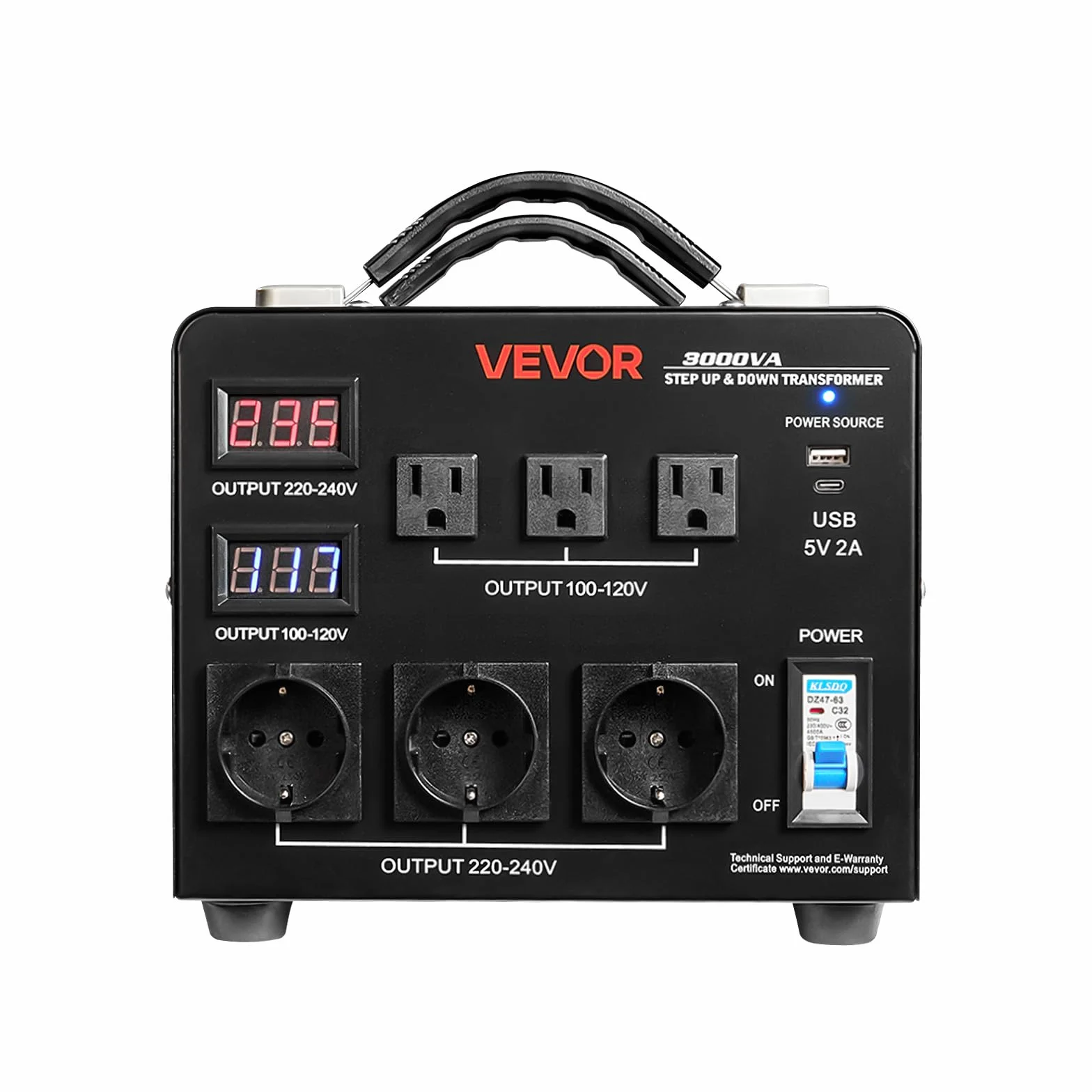 VEVOR Transformator 220 V do 110 V i 110 V do 220 V, automatyczny transformator podnoszenia napięcia, 3000 VA, z 3 gniazdami US, 3 gniazdami UE, ekranem LCD, kablem zasilającym, ochrona wyłącznika