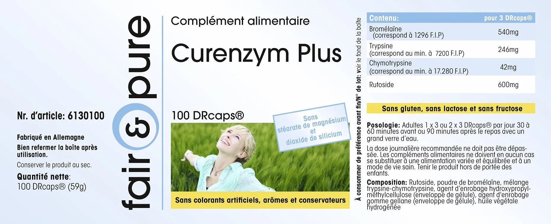 Curenzym Plus - kompleks enzymatyczny o opóźnionym uwalnianiu - bez stearynianu magnezu - 100 kapsułek DRCaps - zawiera bromelinę - trypsynę - chymotrypsynę i rutozyd (rutynę)