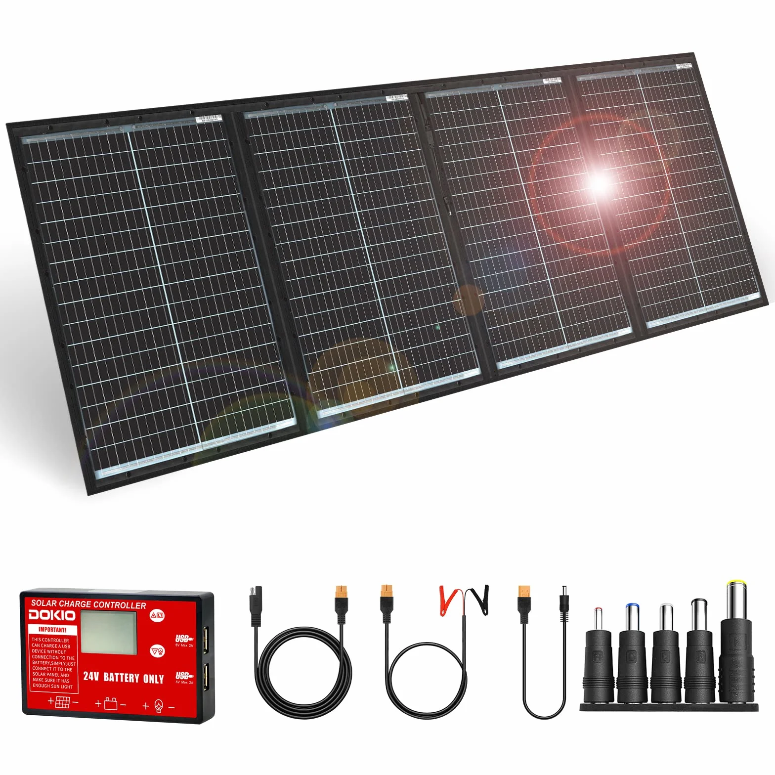 DOKIO Monokrystaliczny panel słoneczny składany 200W 36V z regulatorem ładowania i kablem do akumulatora 24V
