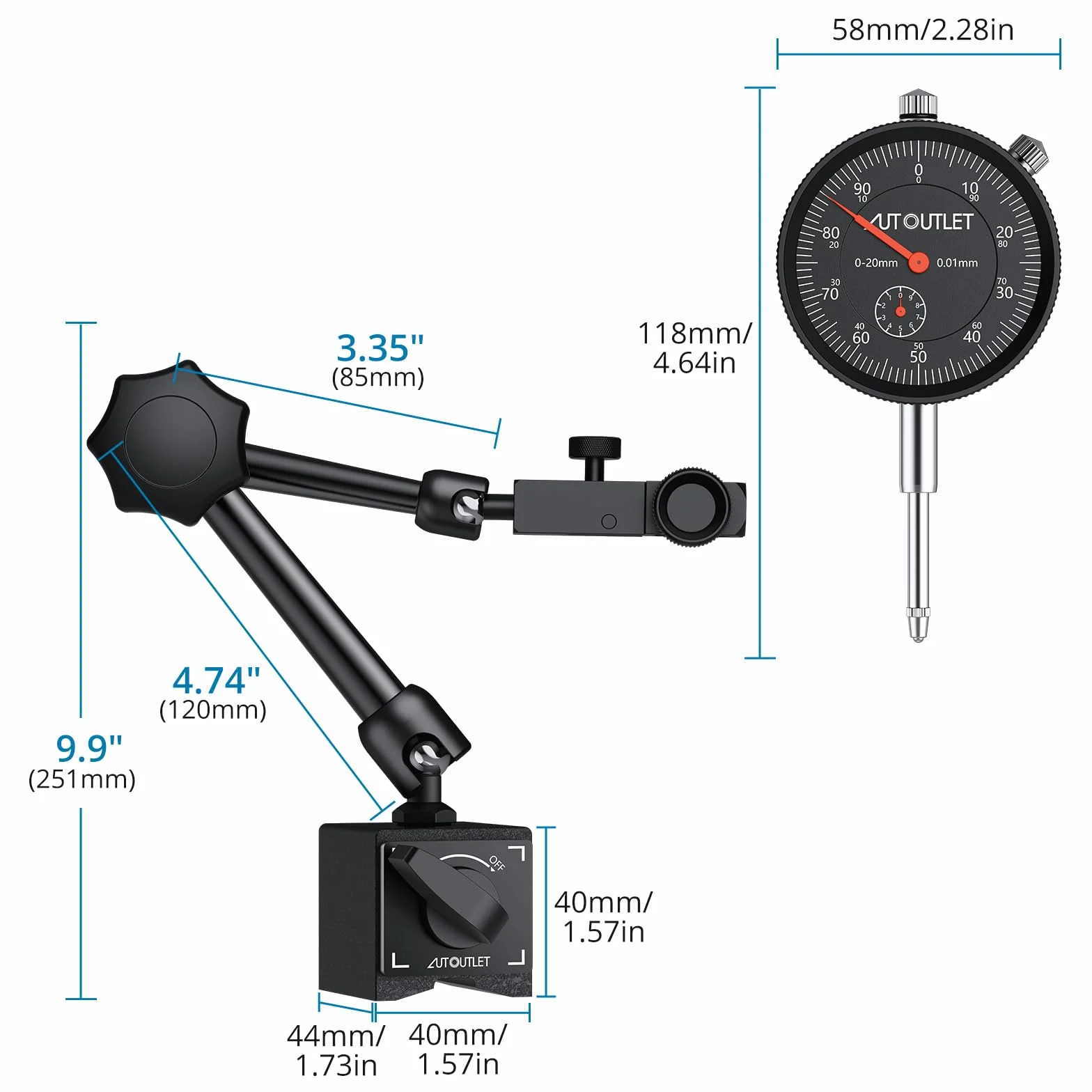 AUTOUTLET Zegar pomiarowy i podstawa magnetyczna z zaciskiem centralnym, 25 cm, maksymalna siła ciągnąca, 0-20 mm, przycisk pomiarowy, statyw magnetyczny, uchwyt zegarowy i zegar pomiarowy w zestawie