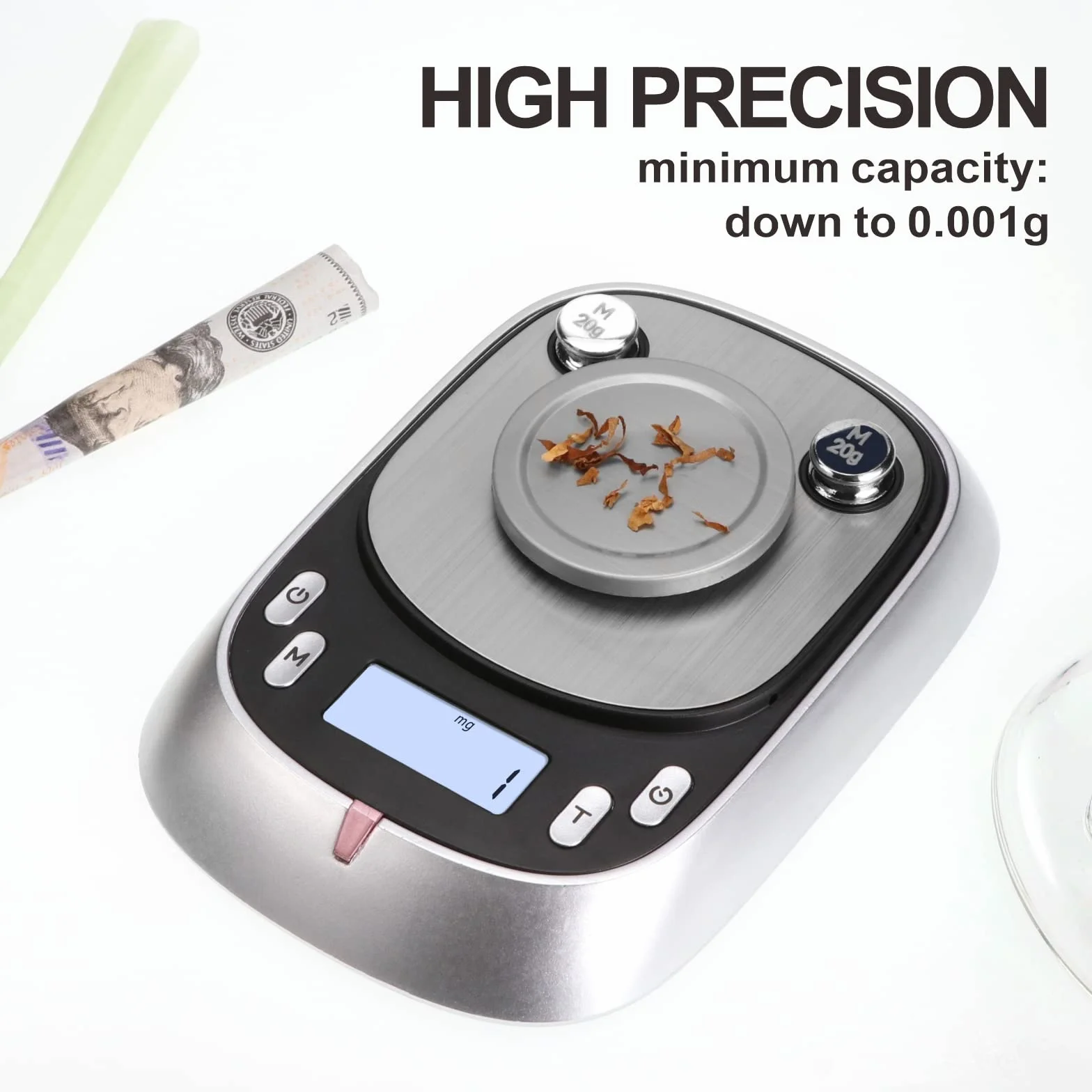 Waga miligramowa 50g-0,001g, 7 sztuk, podświetlenie LCD, tarowanie, do proszku, złota, biżuterii