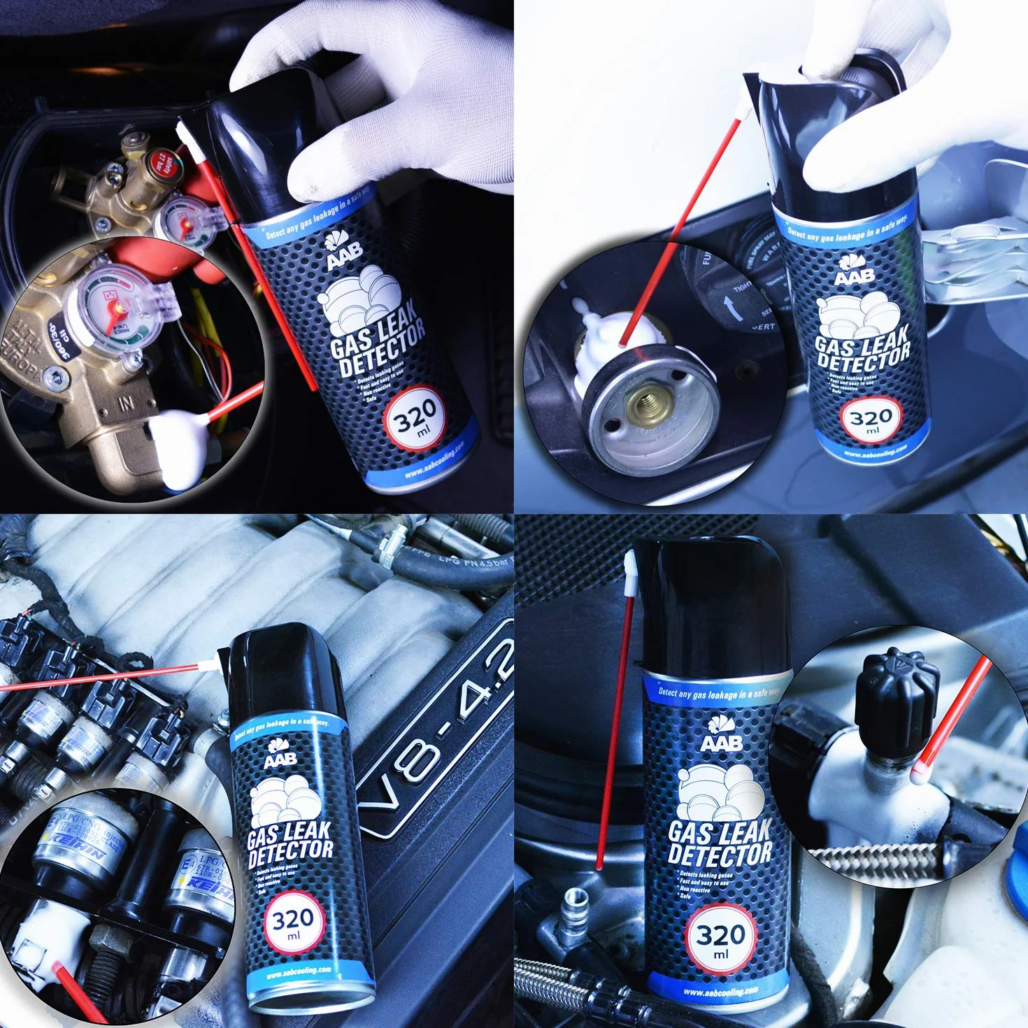 6 x AABCOOLING Wykrywacz Wycieku Gazu 320ml - Tester Szczelności, Spray do Wykrywania Nieszczelności, Pianka do Samochodowego Układu LPG, Tester Instalacji Gazowej