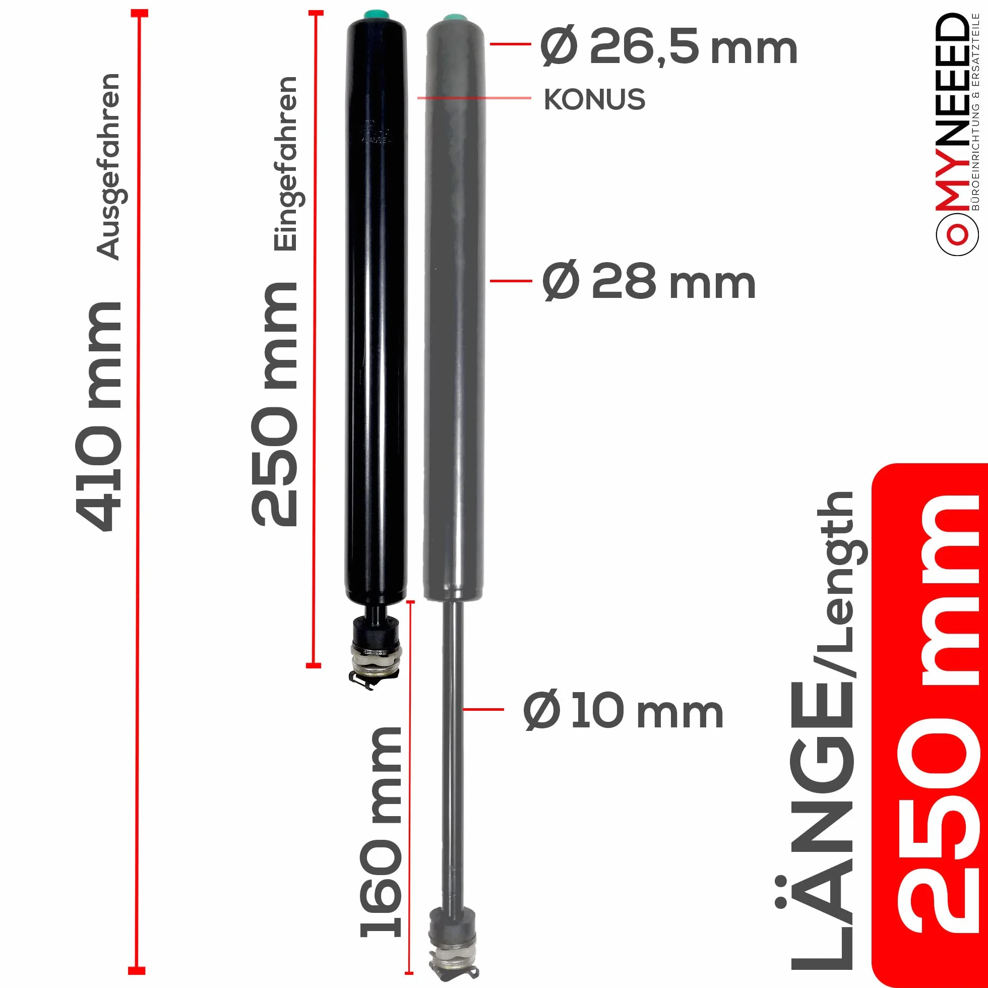 Tłok gazowy do krzesła biurowego 250 mm z certyfikatem TÜV GS