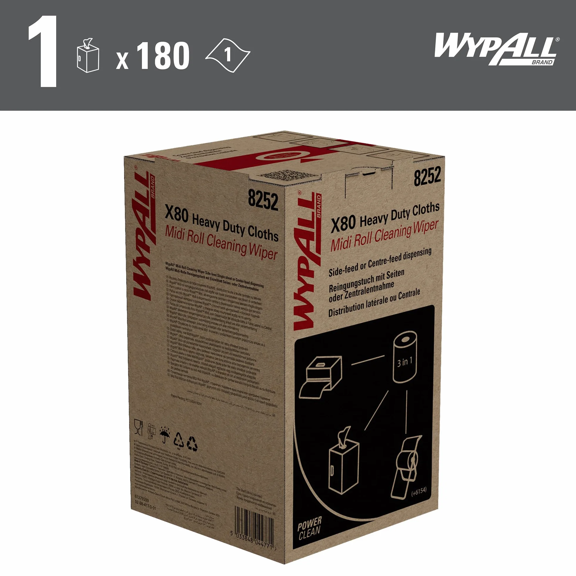 WypAll X80 Power Clean Heavy Duty 8252-2 zestaw do czyszczenia midi na rolce, 1 rolka x 180 ściereczek do polerowania