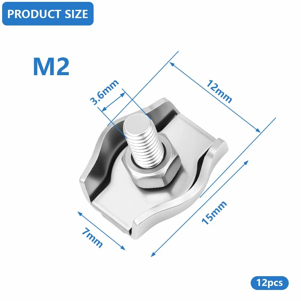 Flintronic M2 zacisk do liny drucianej, 12 sztuk pojedynczych klipsów, 2 mm stal nierdzewna, zacisk linowy, łącznik do liny stalowej 3 mm, linka stalowa do bielizny, linka leśna, linka leśna, mocowana