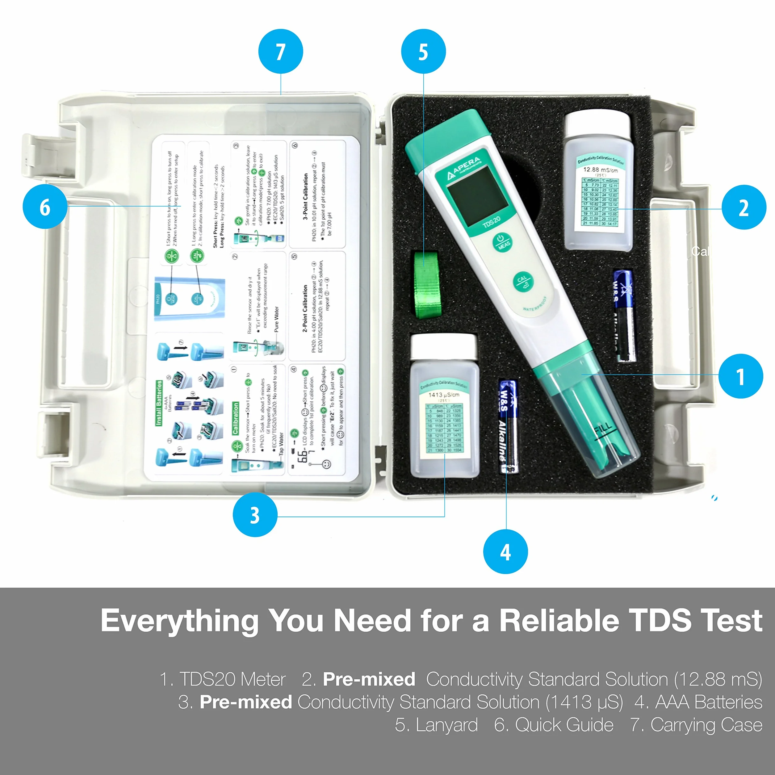 Apera Instruments TDS20 TDS-Meter, cyfrowy miernik ze wskaźnikiem temperatury (dokładność 1%, ±0,5°C, wodoodporny, ATC, walizka do noszenia)