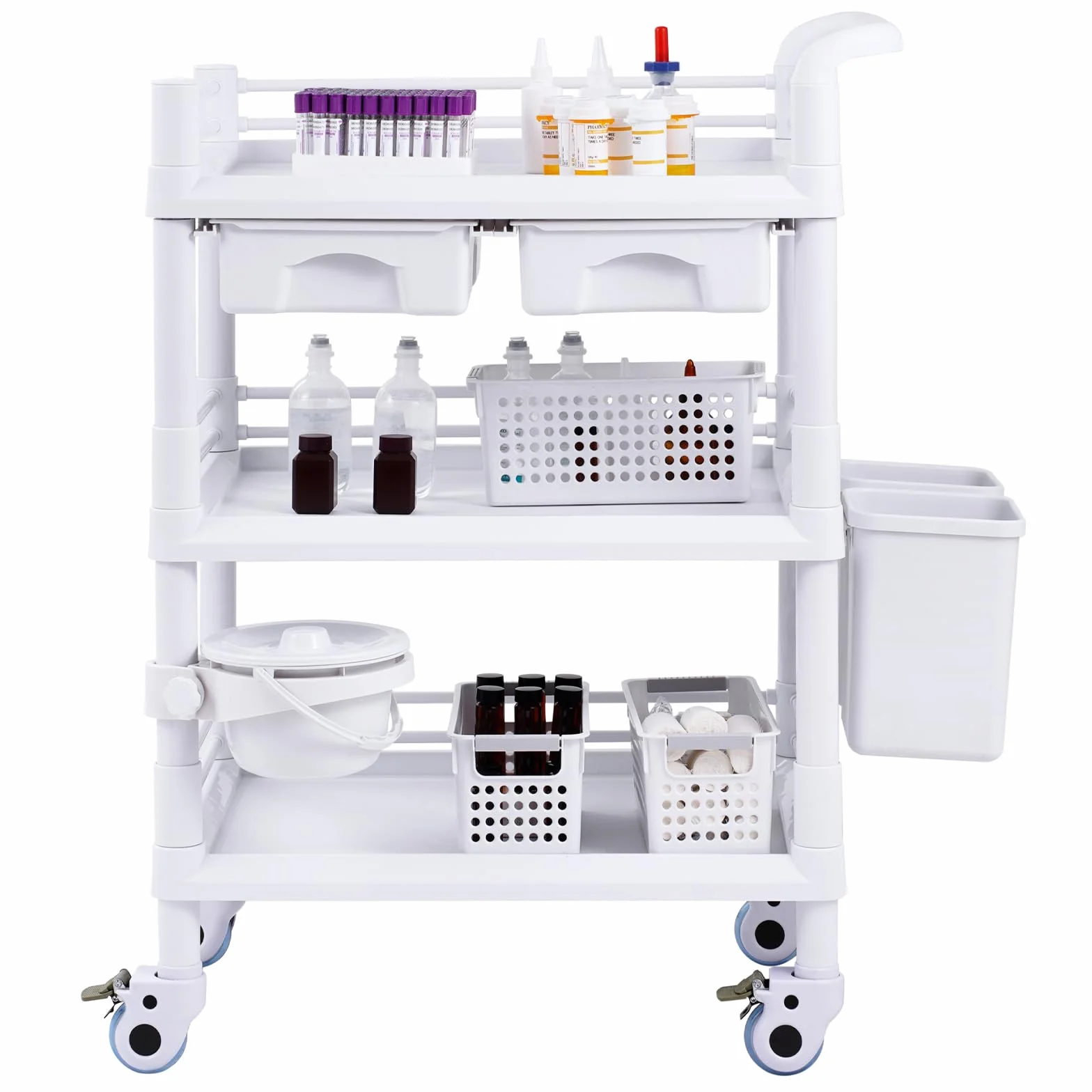 VEVOR Wózki laboratoryjne 3-poziomowy wózek medyczny z 3 tacami i 4 kołami Cichy mobilny wózek medyczny z materiałem PP z 3 pojemnikami na śmieci do laboratorium, kliniki, szpitala, biały