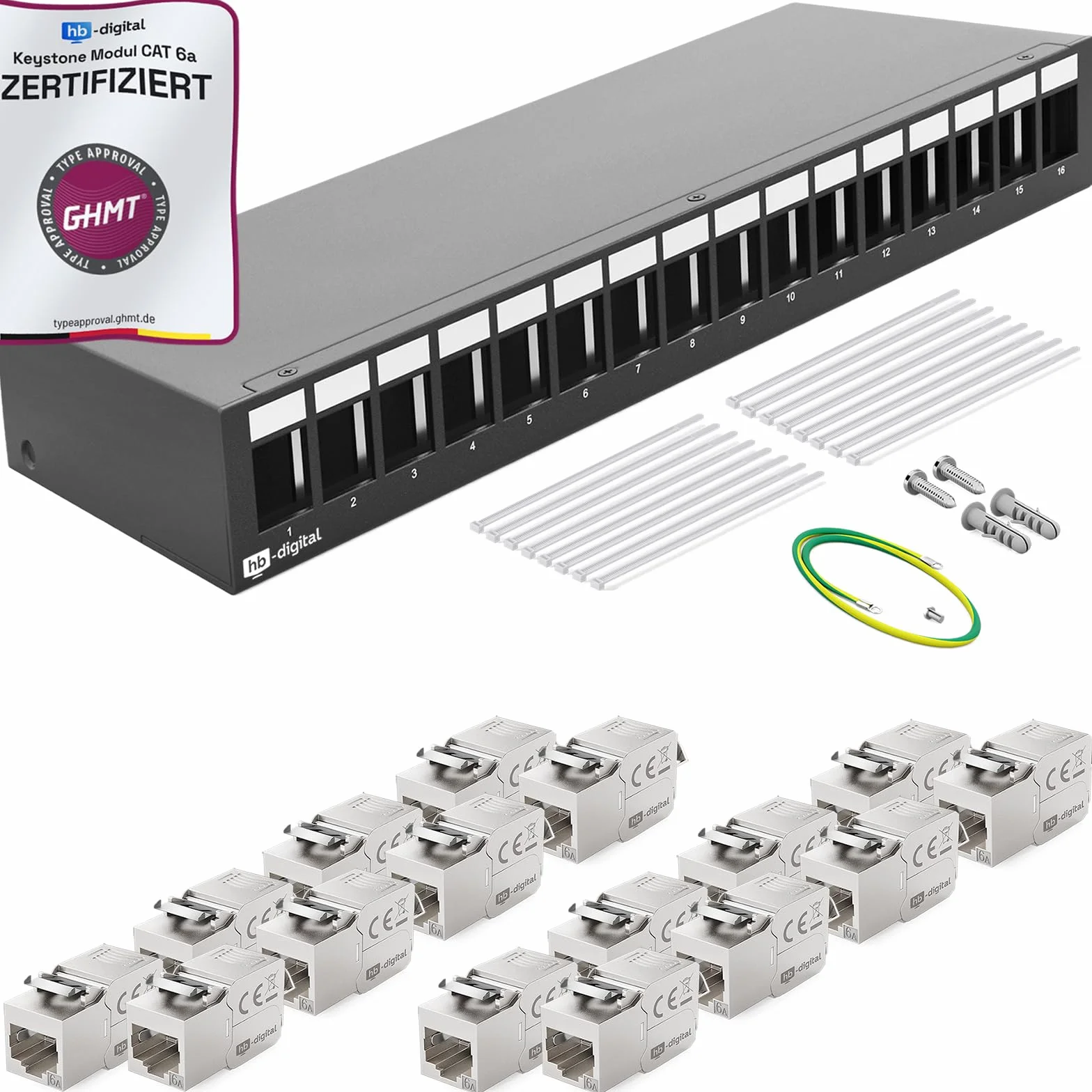 HB-DIGITAL Panel krosowy 16-portowy panel krosowy 1 HE 16x CAT 6a RJ45 Keystone Jack moduł - certyfikat GHMT - w pełni ekranowany STP 10 Gb/s, kompatybilny z kablem sieciowym LAN, kolor czarny