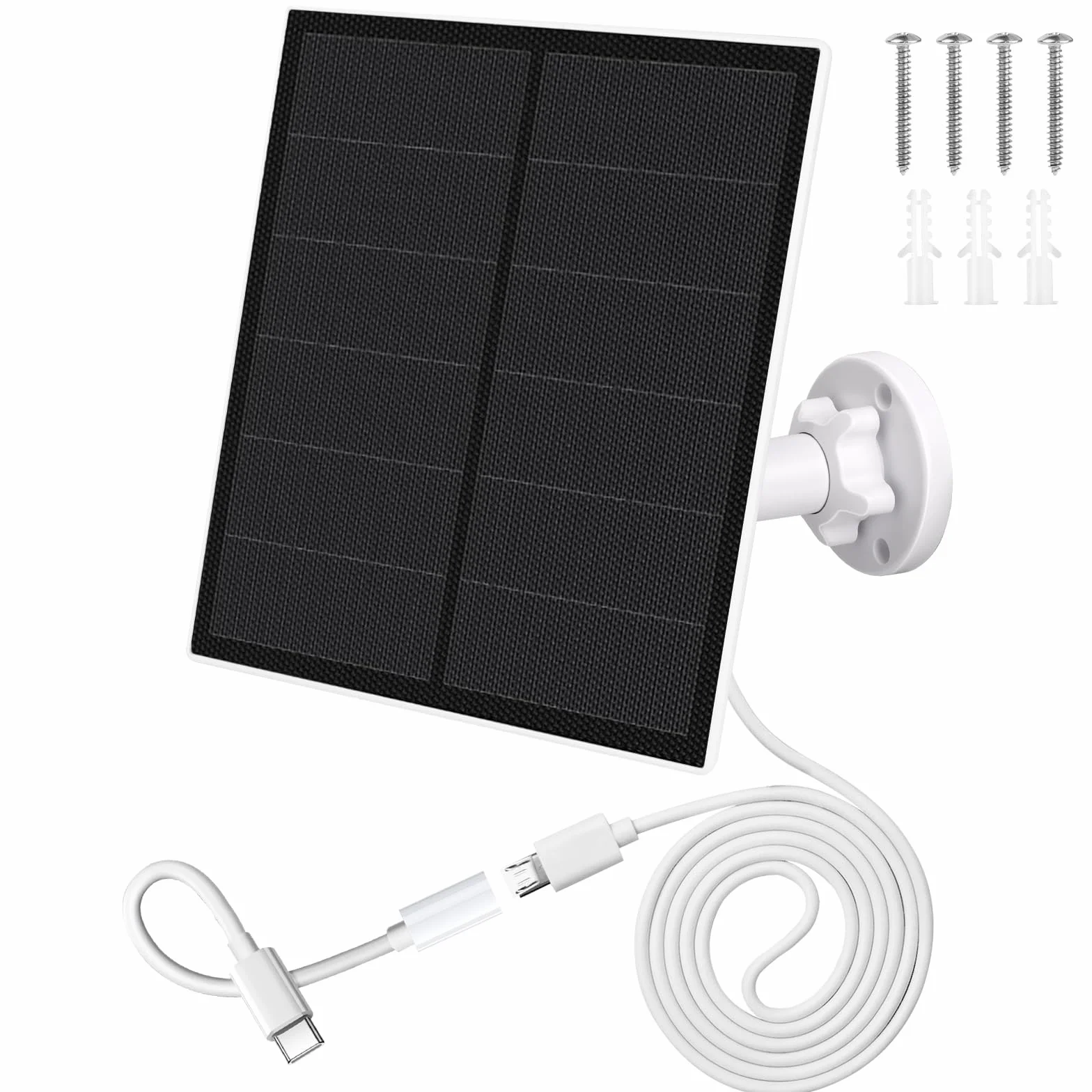 Panel słoneczny do kamery monitorującej na zewnątrz, moduł słoneczny do kamery 5 W z złączem micro USB i USB-C, panel słoneczny, uchwyt z regulacją 360°, kabel ładujący 9,8 ft, wodoodporność IP65
