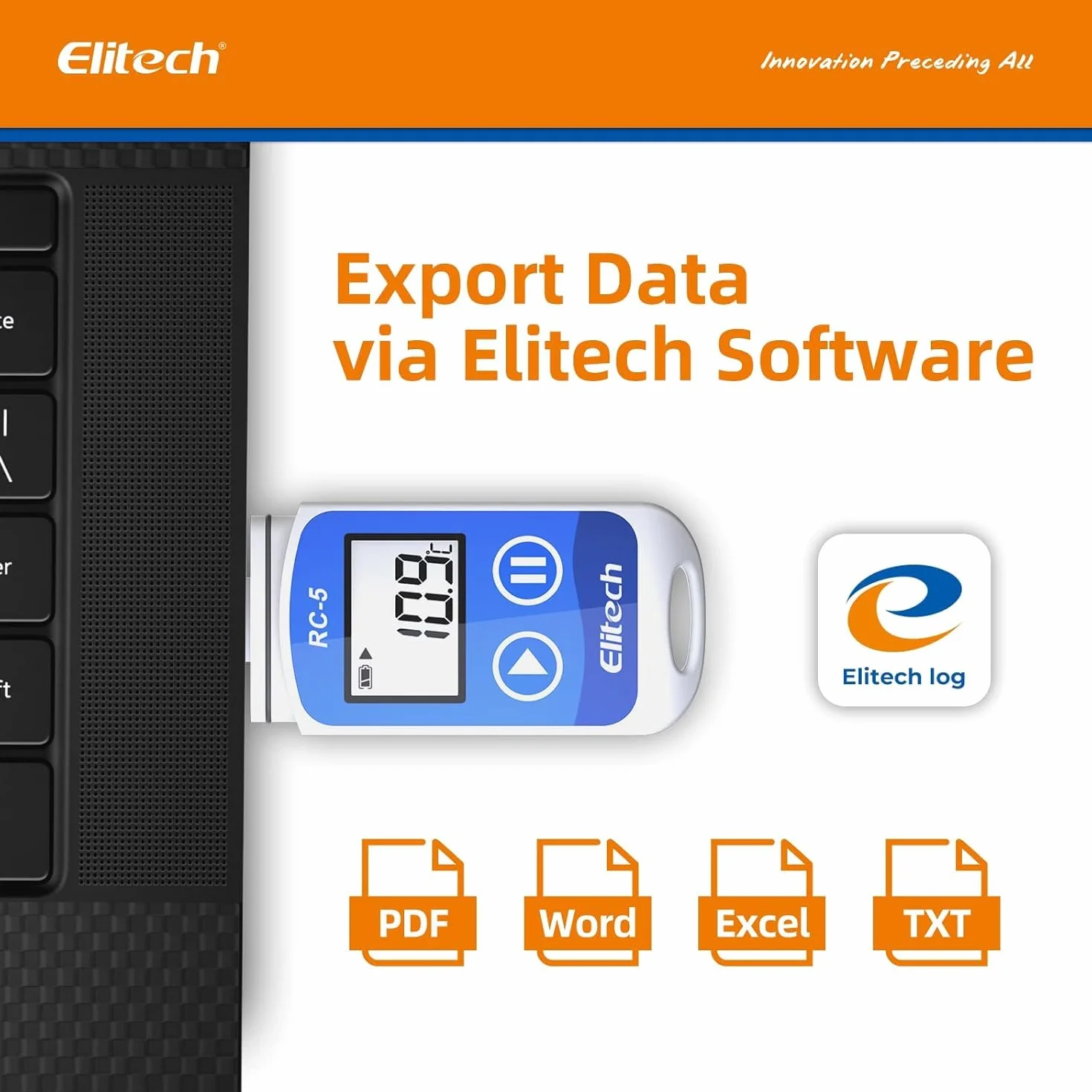 Elitech Rejestrator danych temperatury RC-5, mini USB, czujnik temperatury wewnętrzny, raporty PDF, wysoka dokładność, rejestrator danych, 32000 punktów, wodoszczelny zgodnie z IP67, do magazynów
