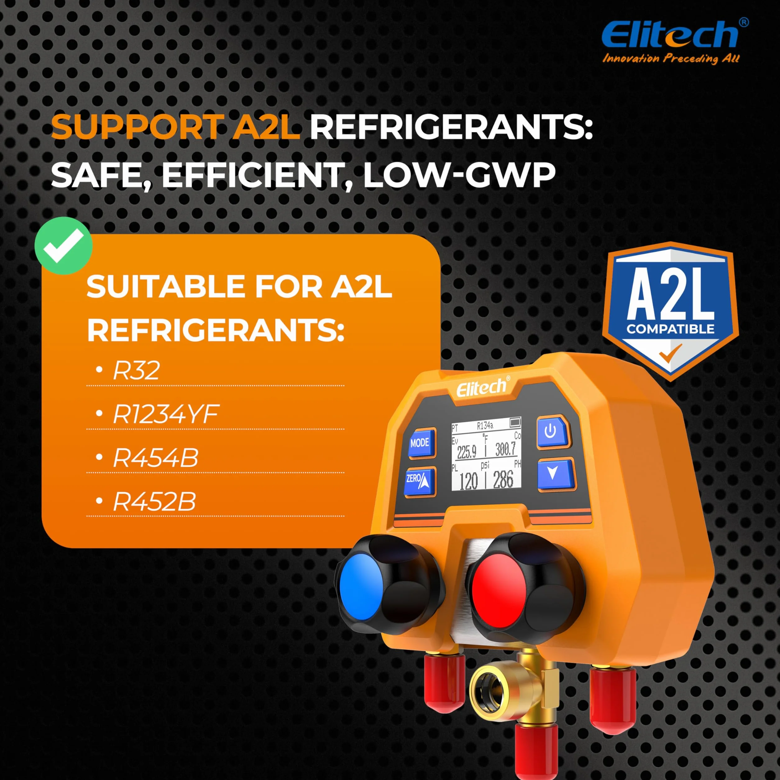 Elitech Manometr czynnika chłodniczego 600 psi/41 bar ± 1% dokładności, 88 rodzajów czynników chłodniczych i pomiar ciśnienia/temperatury, ochrona IP54 dla systemów klimatyzacji