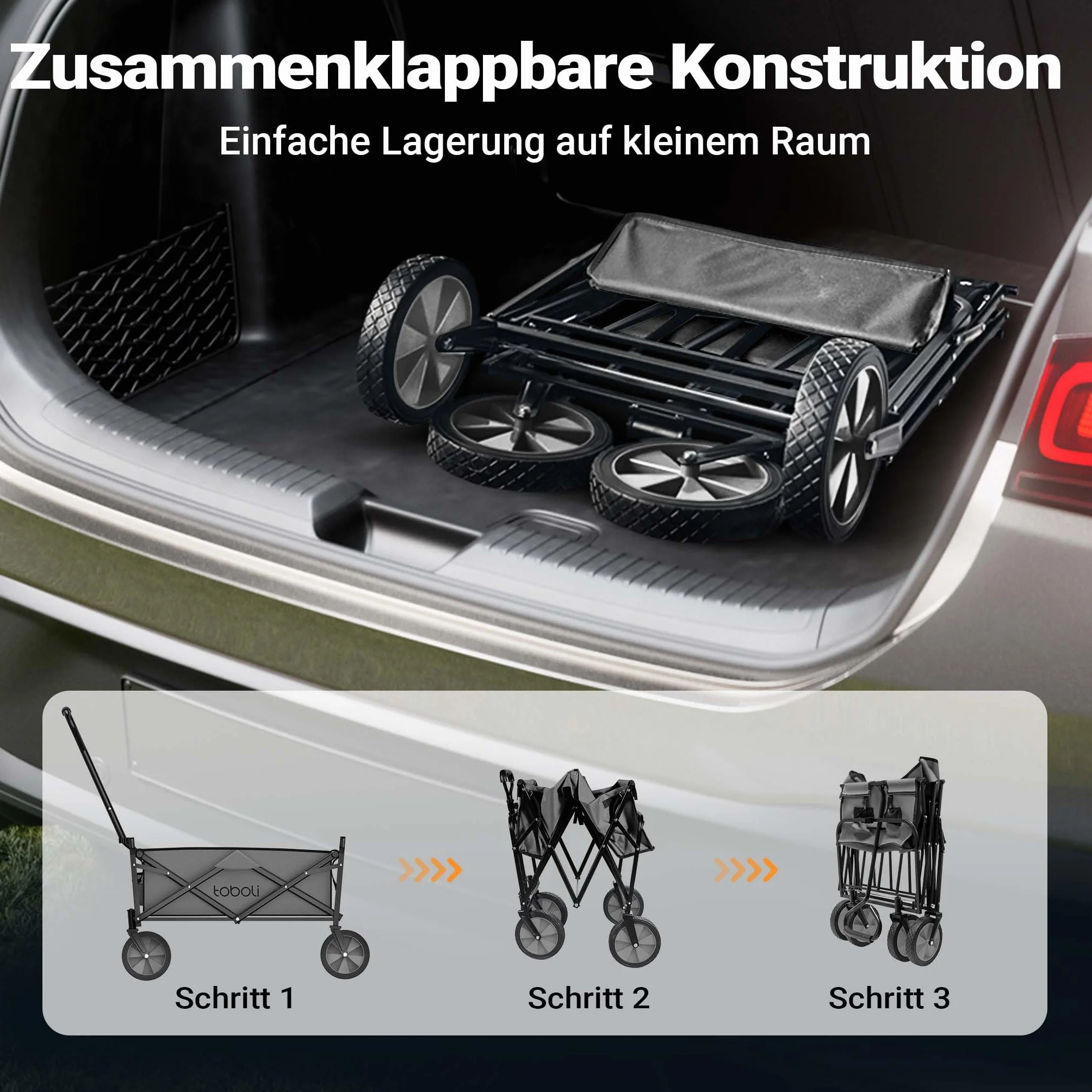 Wózek ręczny Toboli składany offroad szary, składany wózek ręczny o ładowności do 100 kg, składany wózek ręczny na plażę, do ogrodu, na zakupy