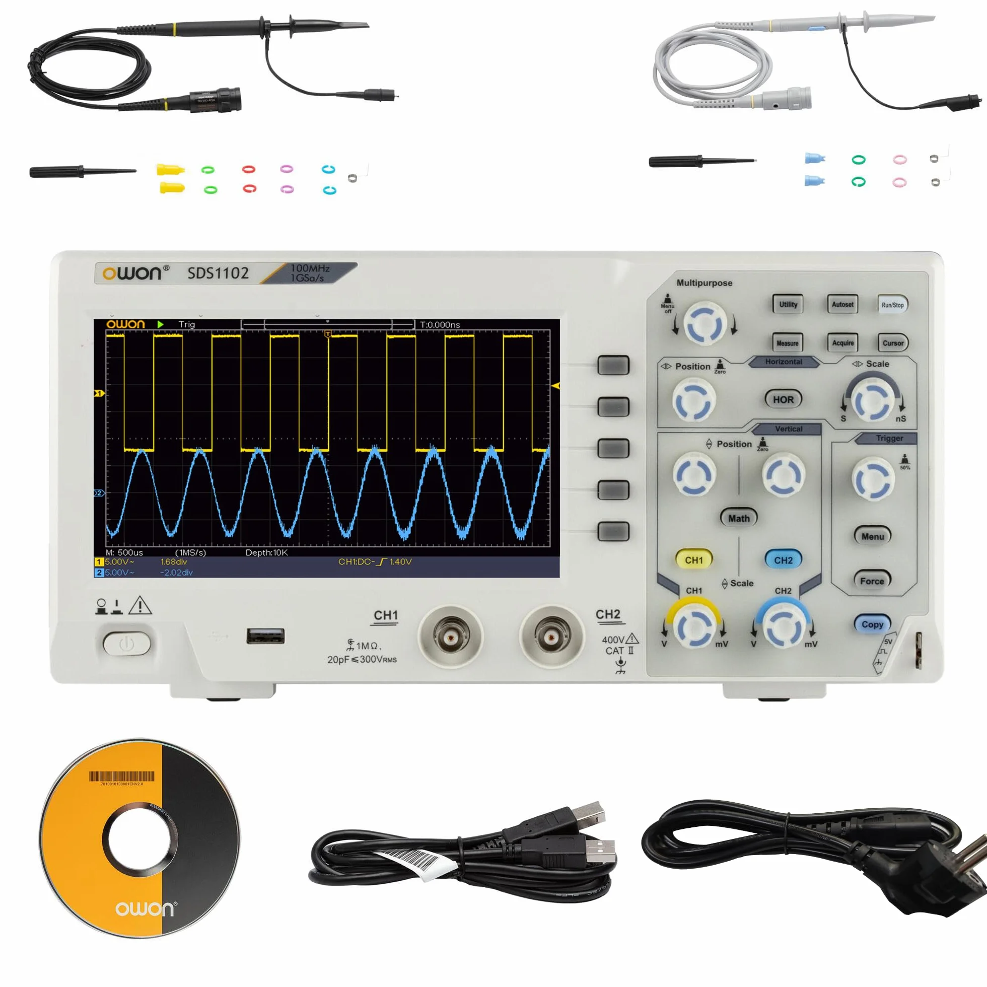 SDS1102 OWON oscyloskop pulpit lekki przenośny oscyloskop 100 MHz szerokość pasma dwukanałowy 7" kolorowy ekran z częstotliwością próbkowania 1 GSa/s
