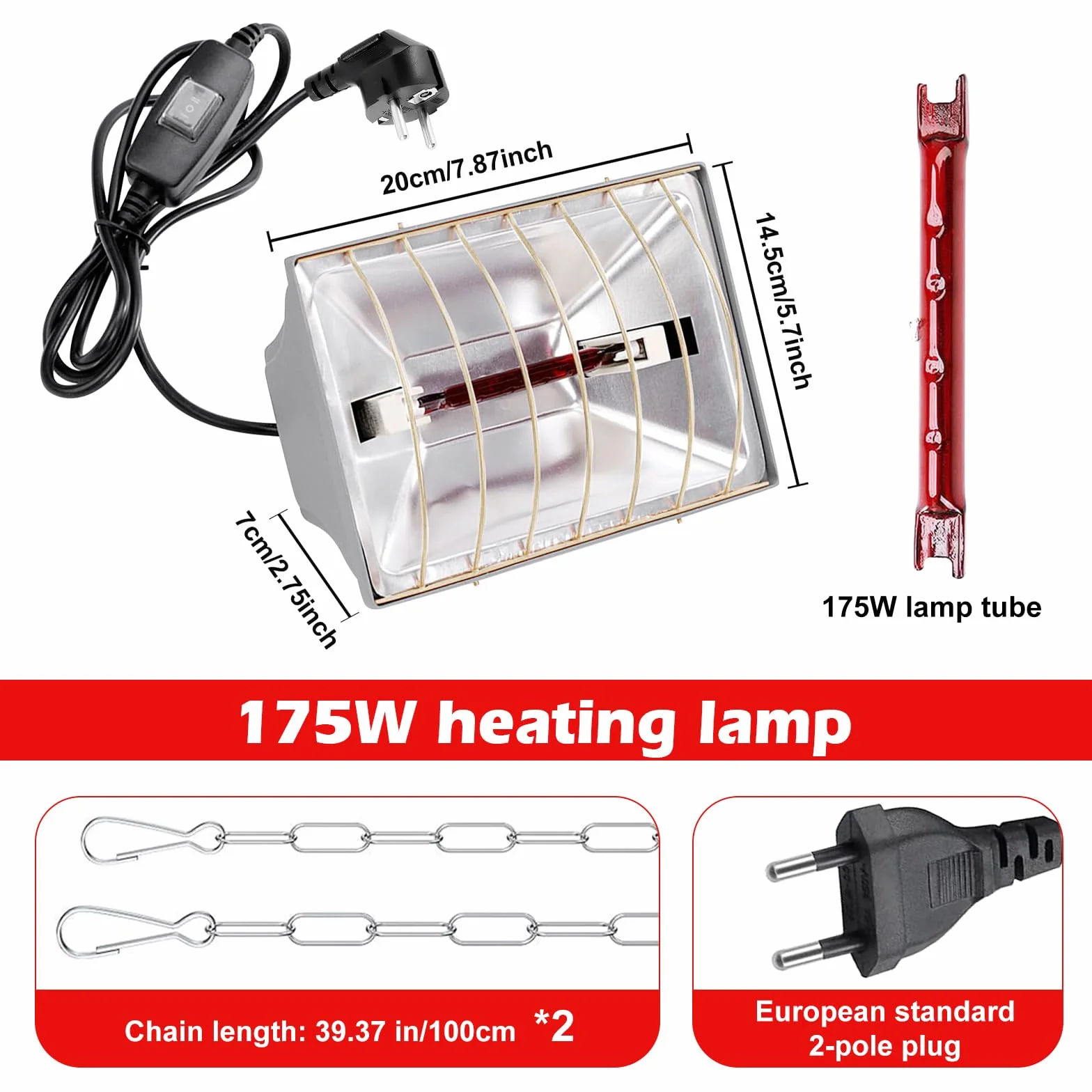 Lampa ciepła dla piskląt: 175 W, ściemniana lampa grzewcza, kurnik, z przełącznikiem oszczędnym, ogrzewanie dla drobiu, dla piskląt, szczeniąt, kaczek
