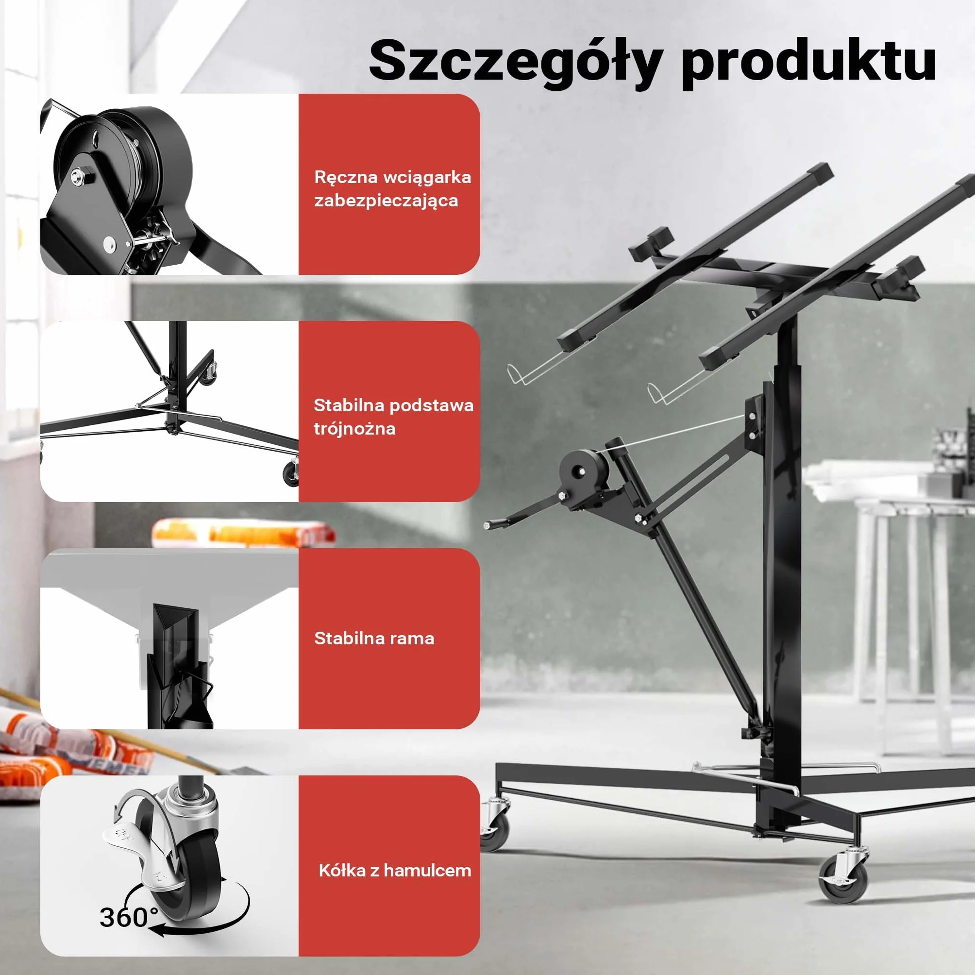 Podnośnik do paneli Wiltec XXL 68 kg 140-350 cm 2,90 m czarny