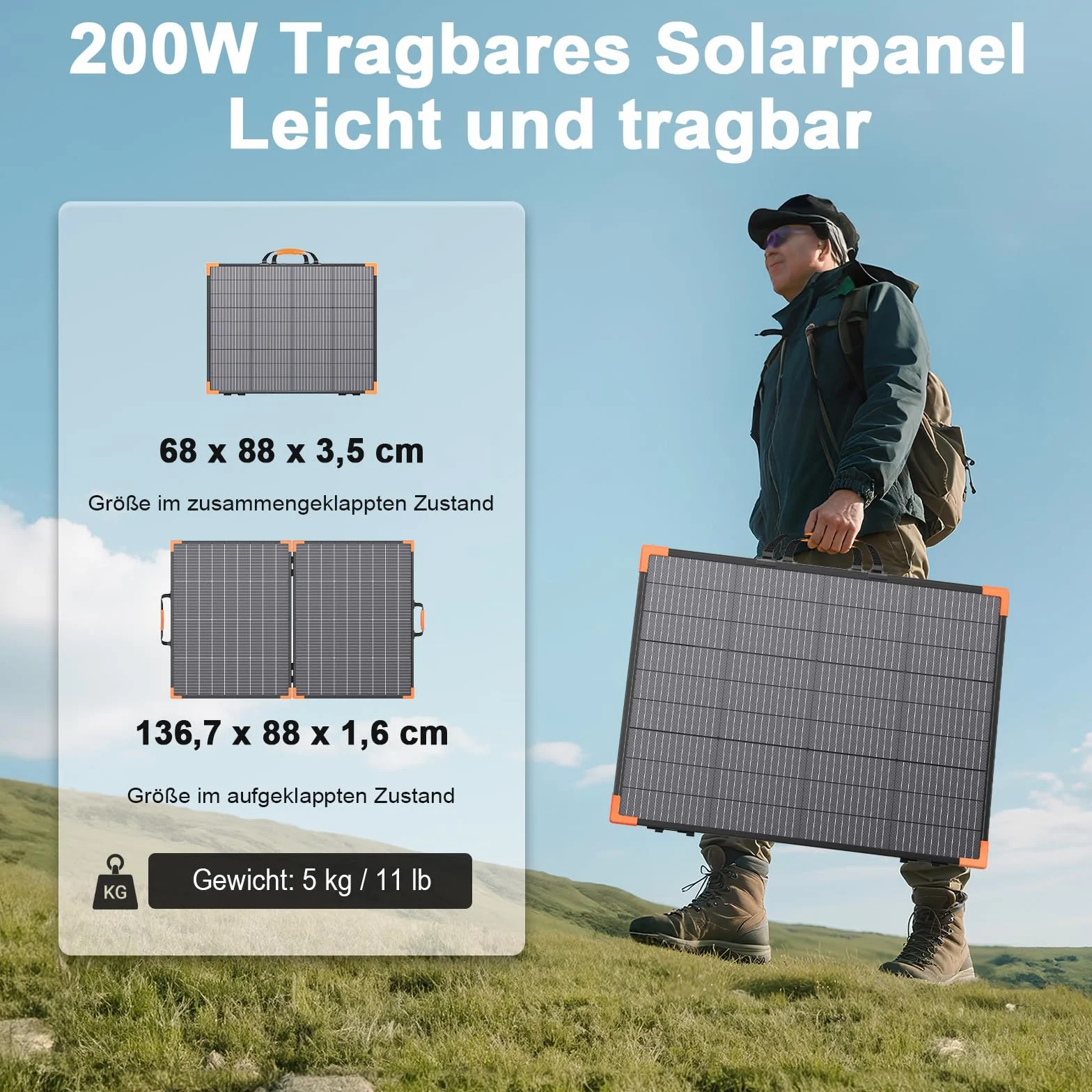 Przenośny panel słoneczny 200 W, dwufazowa składana ładowarka solarna, 23,5% wysoka sprawność dla elektrowni, wodoszczelność IP68 z 2 stabilnymi podpórkami do samochodów kempingowych