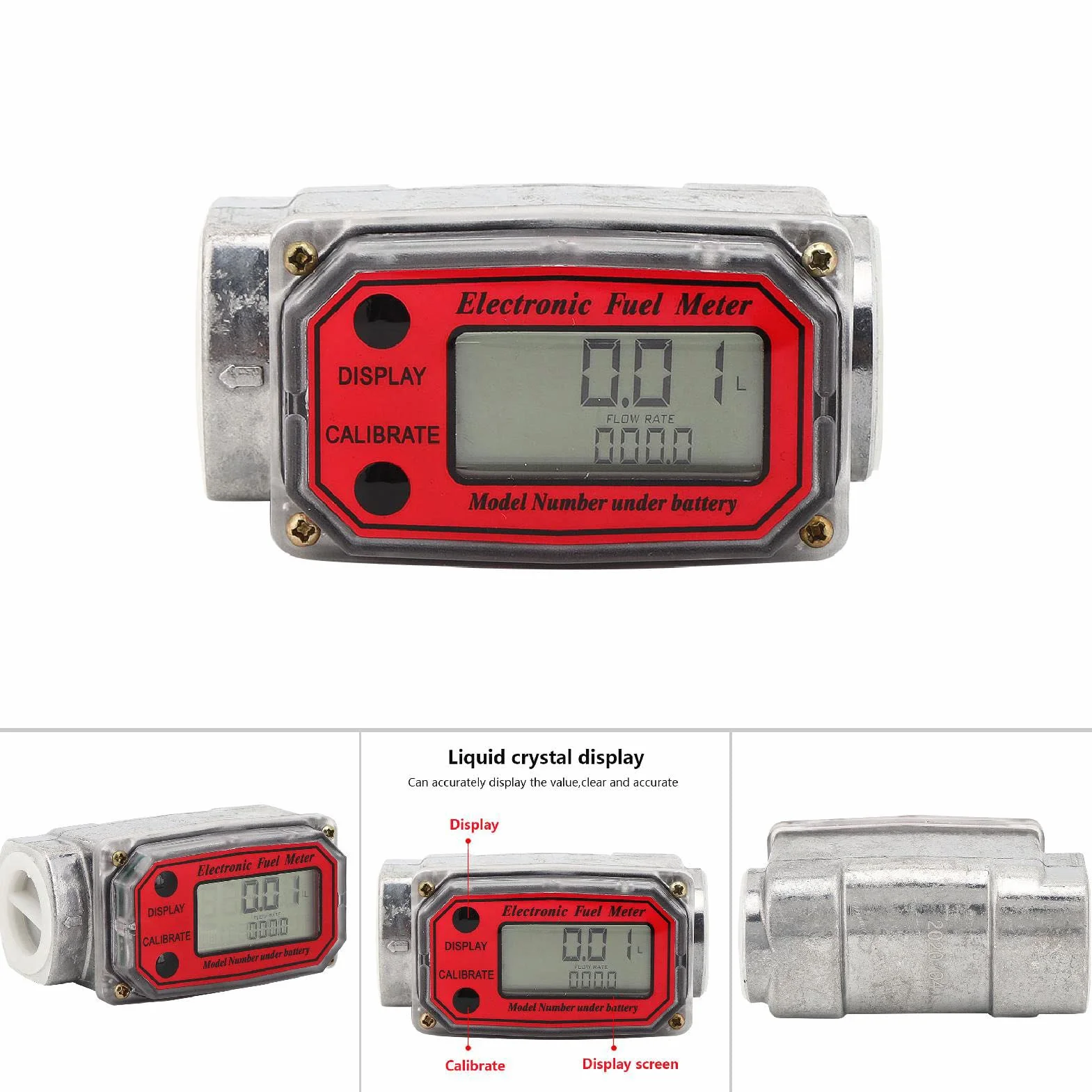 Mini Cyfrowy Przepływomierz Turbinowy Wyświetlacz LCD Miernik Przepływu Pompy do Pomiaru Benzyny Nafty Wysokoprężnej 15-120L 1 "NPT(Czerwony)