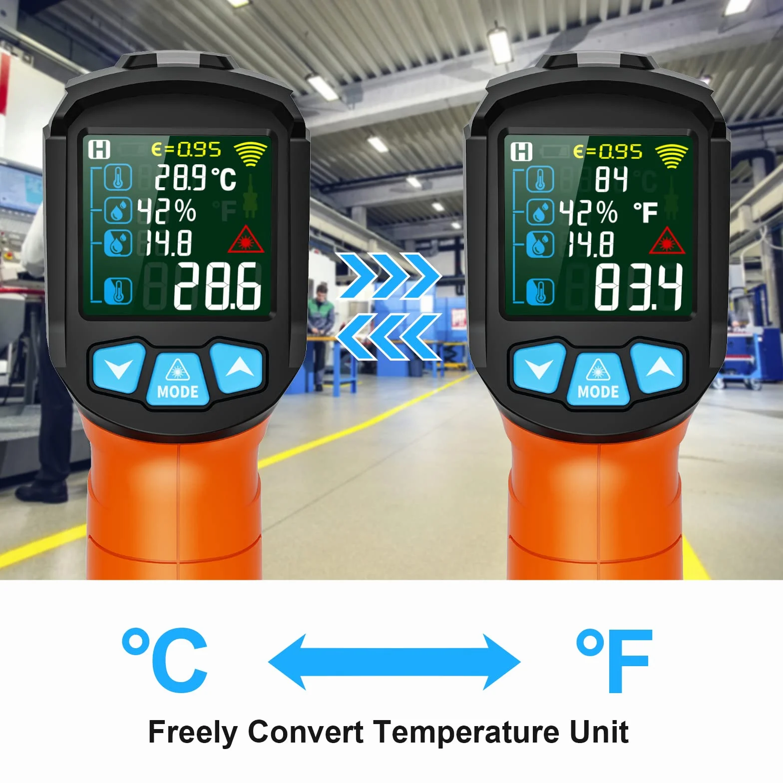 MESTEK Termometr na Podczerwień -50°C~800°C Kolorowy Alarm LCD Regulowana Emisyjność