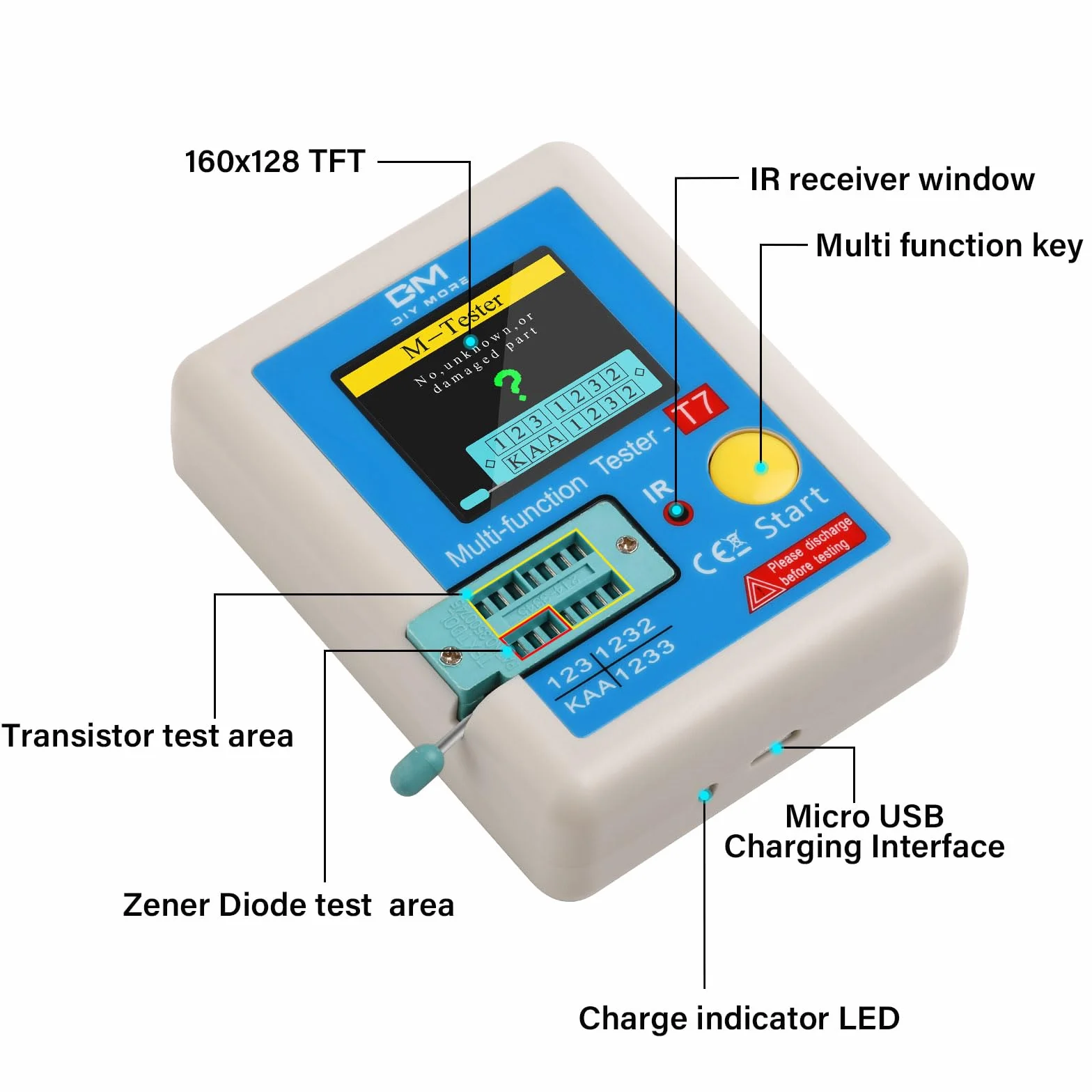 diymore LCR-T7 Wielofunkcyjny tester tranzystorów TFT z jednym dotknięciem, wyświetlacz graficzny, automatyczne wyłączanie diody, triody, kondensatora, rezystor ESR NPN PNP MOSFET