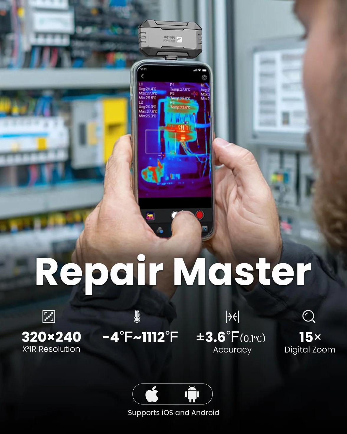 Kamera termowizyjna do iPhone 15/16 i Android Thermal Master P1, kamera termowizyjna na podczerwień, rozdzielczość X³ IR 320 x 240, -20℃-600℃ zakres temperatur, kontrola domu, 15x zoom
