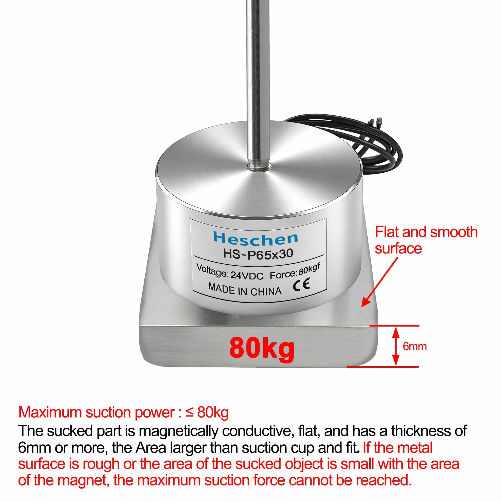 Heschen elektromagnes elektromagnetyczny elektromagnetyczny P65/30, OD: 65 mm, DC 24 V, 80 kg / 176 funtów