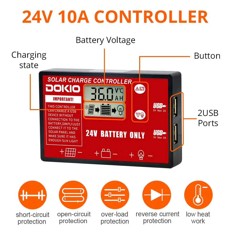 DOKIO Monokrystaliczny panel słoneczny składany 200W 36V z regulatorem ładowania i kablem do akumulatora 24V