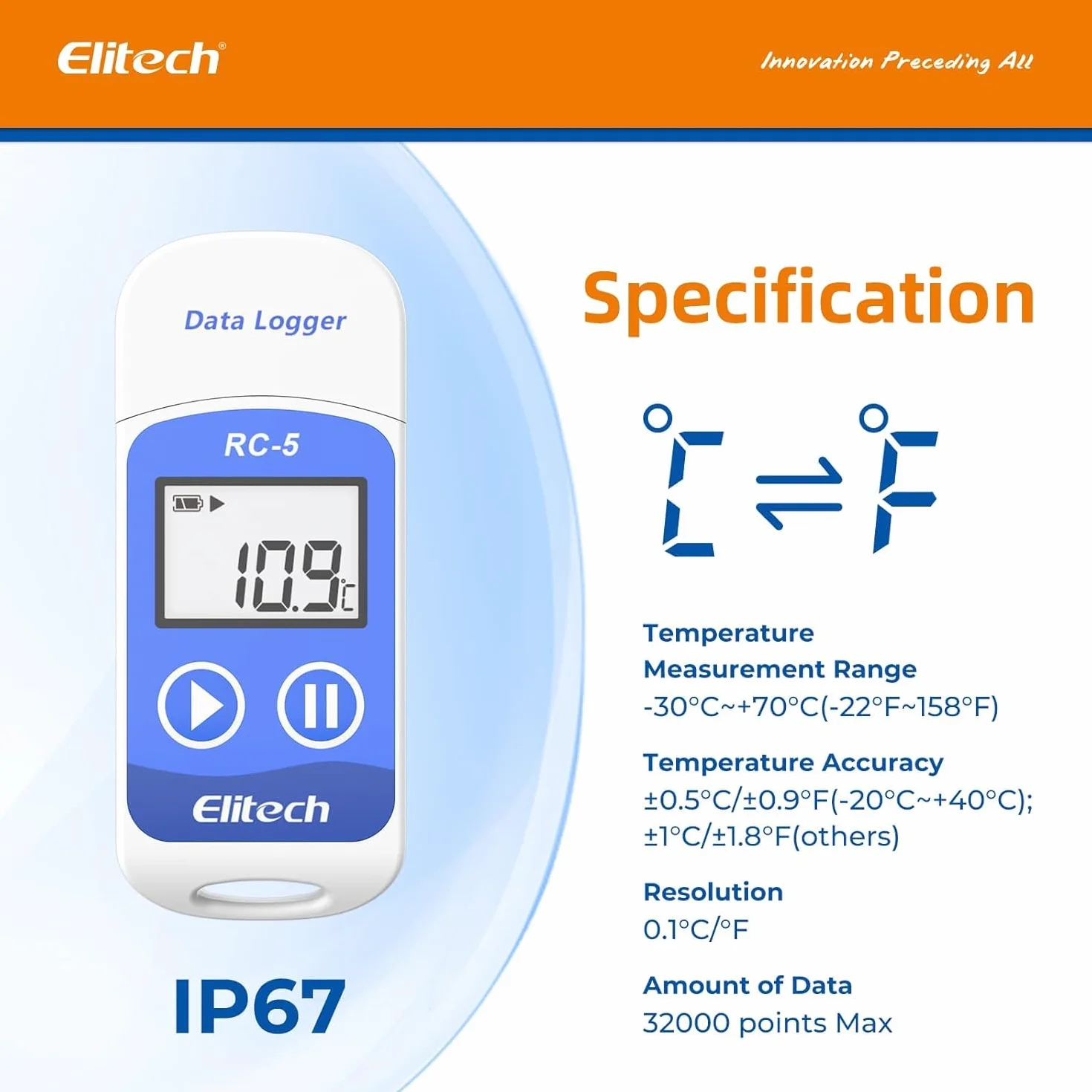 Elitech Rejestrator danych temperatury RC-5, mini USB, czujnik temperatury wewnętrzny, raporty PDF, wysoka dokładność, rejestrator danych, 32000 punktów, wodoszczelny zgodnie z IP67, do magazynów