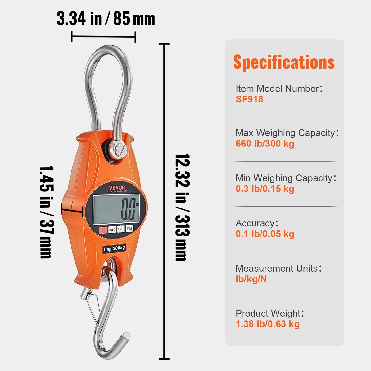 VEVOR Waga dźwigowa 0,15-300 kg cyfrowa wisząca LCD dokładność 0,05 kg