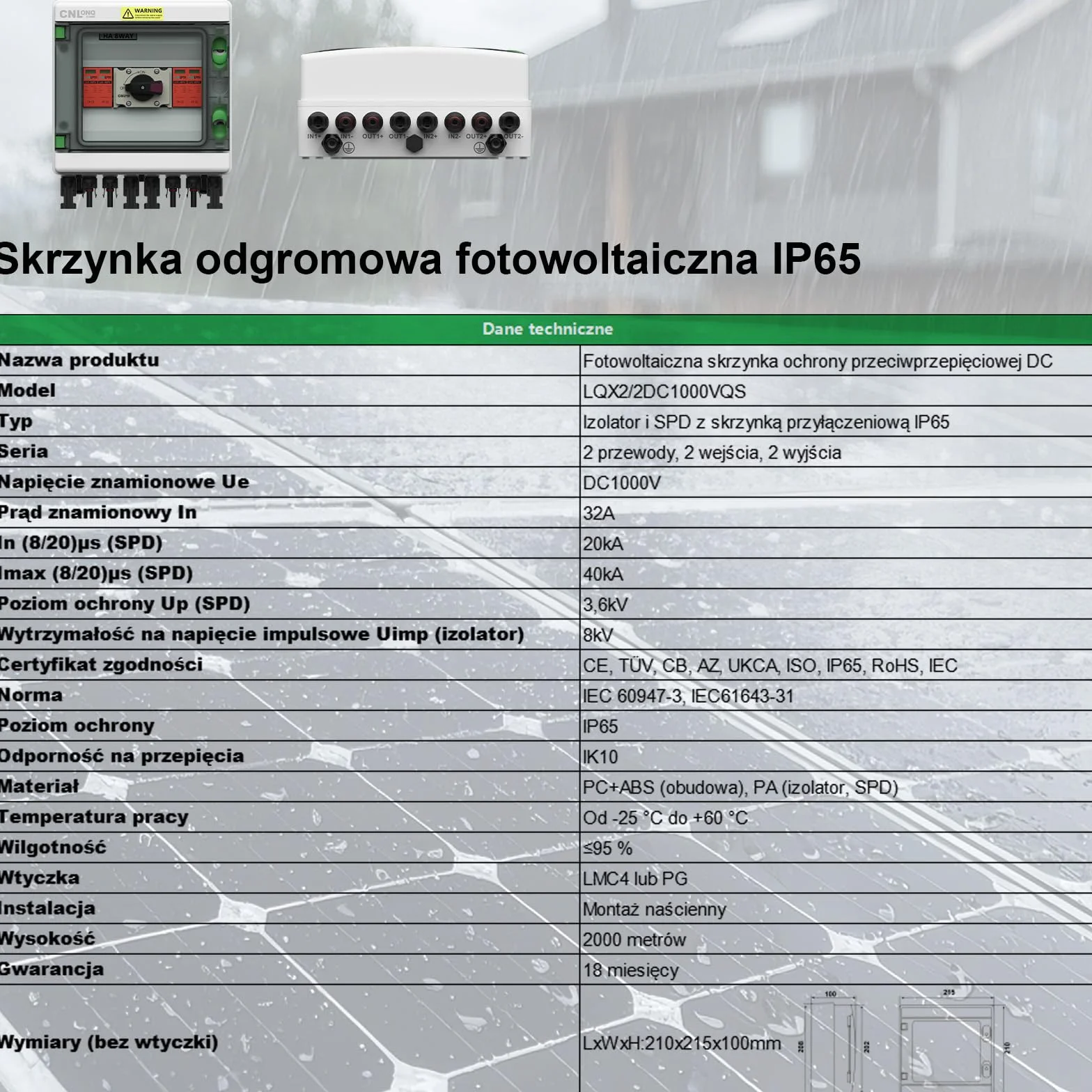 Solarna skrzynka przyłączeniowa PV DC1000 V, ochrona przed przepięciem, PV DC, 2 struny, 2 w 2 wyjścia, wodoszczelna obudowa do instalacji PV, kompletny zestaw