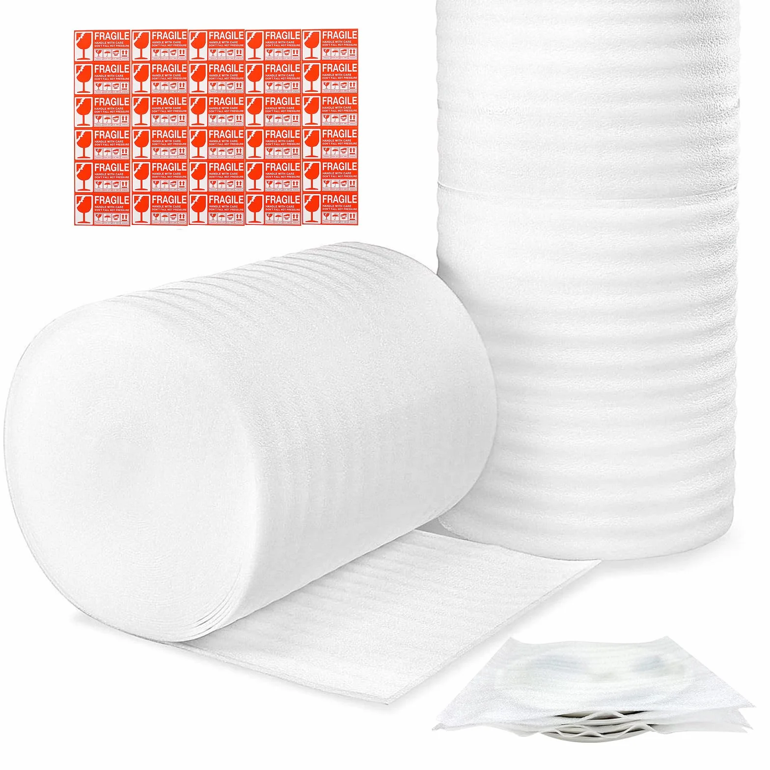 JIUZHOUXIN materiał opakowaniowy, pianka do ochrony delikatnych przedmiotów, mebli, opakowań transportowych, wypełnień kartonowych, z naklejkami ostrzegawczymi FRAGILE (35,5 cm x 48 m)