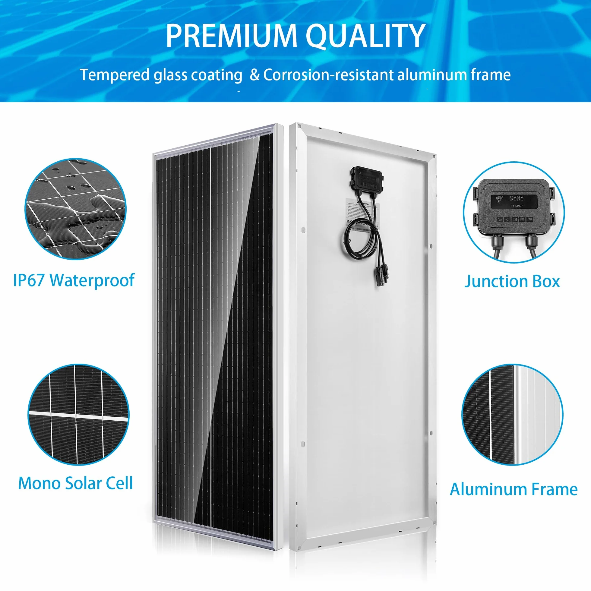 Nicesolar Panel słoneczny 100 W, monokrystaliczny zestaw paneli słonecznych 100 W, moduł solarny z regulatorem ładowania 20 A, do niezależnego od sieci ładowania 12 V, do kampera, łodzi, przyczepy