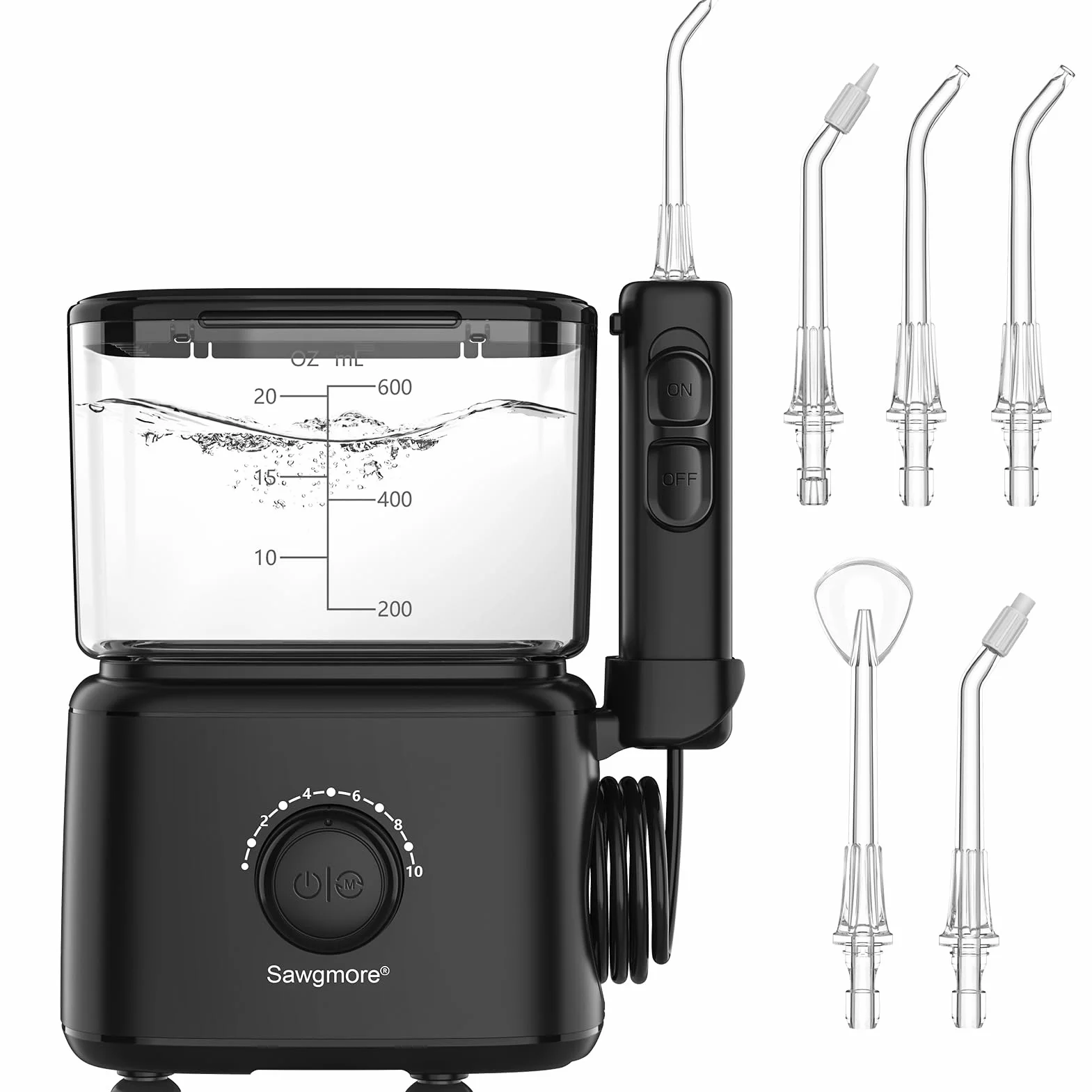 Sawgmore irygator oralny, water flosser z 5 wielofunkcyjnymi dyszami, 10 ustawieniami ciśnienia wody, pojemność 600 ml, rodzinny irygator dentystyczny (czarny)