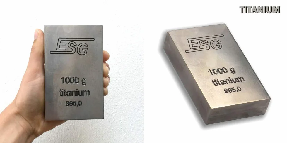 1 kg tytanowa barren (Ti), pięknie wytłoczona w niemieckiej rafinerii metali szlachetnych