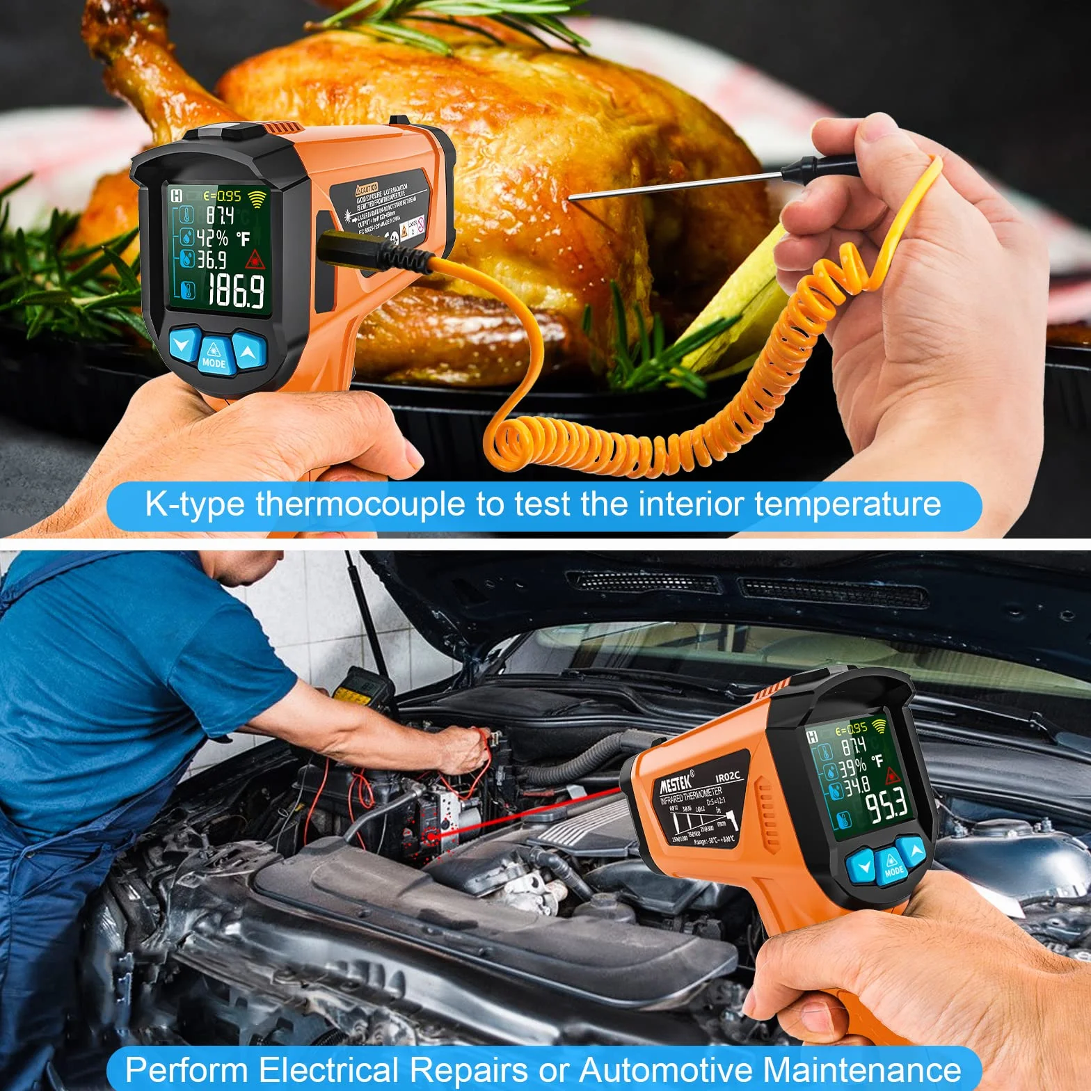 MESTEK Termometr na Podczerwień -50°C~800°C Kolorowy Alarm LCD Regulowana Emisyjność