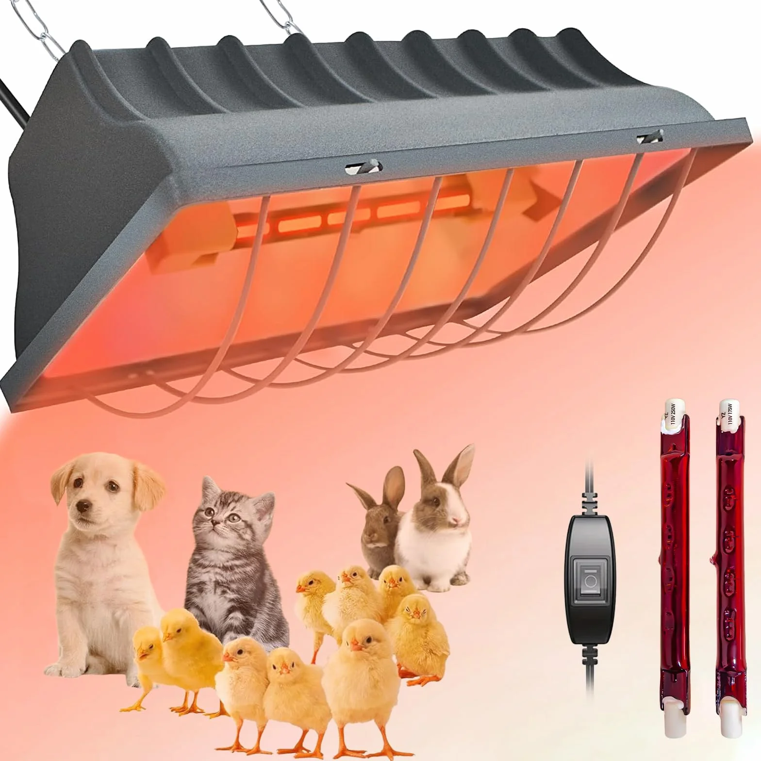 Czerwona lampa ciepła dla piskląt, 250 W, wodoszczelna lampa grzewcza, dla kurników, dla zwierząt, promiennik ciepła z przełącznikiem oszczędnościowym, regulowany łańcuch do zawieszania dla