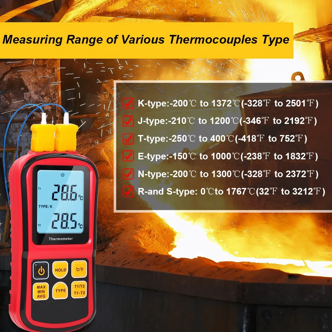 Mengshen Cyfrowy termometr, 2-kanałowy czujnik termopary typu K, miernik temperatury dla typu K/J/T/E/R/N/S, od -200℃ do 1372℃ (-200°F do 340°F)