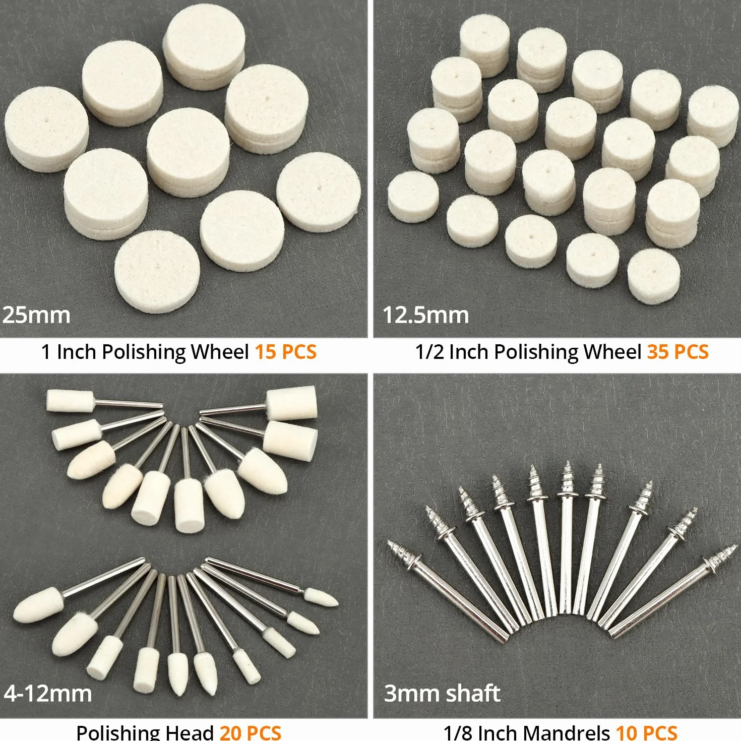 QWORK Zestaw 80 kół polerskich z filcu wełnianego, kompatybilny z Dremel, głowice polerskie Ø4-25 mm, pręt 3 mm