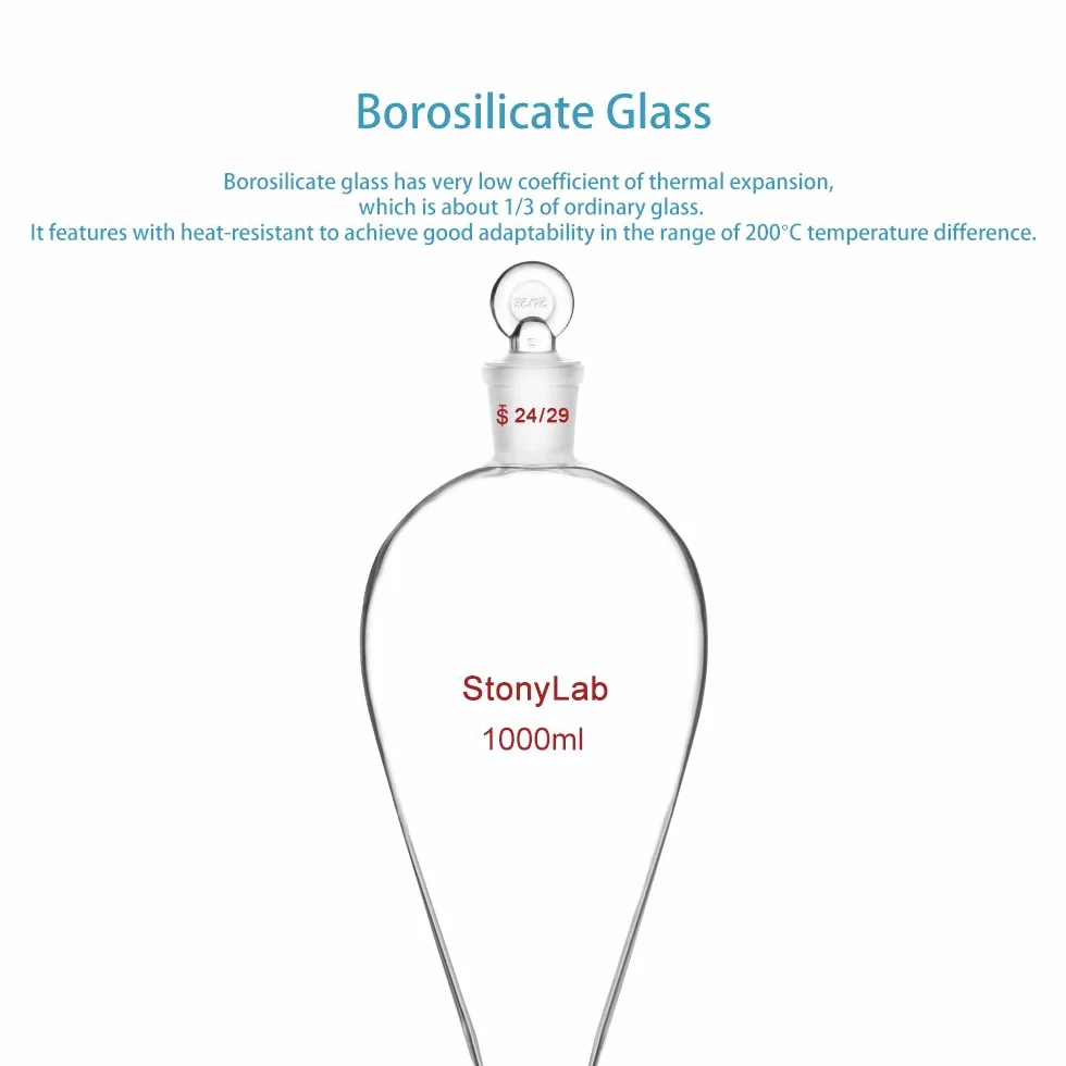 StonyLab szklany oddziela lejek 1 l, szkło borokrzemowe ciężki ściana stożkowy w kształcie gruszki rozdzielacz lejek separacyjny ze złączem 24/29