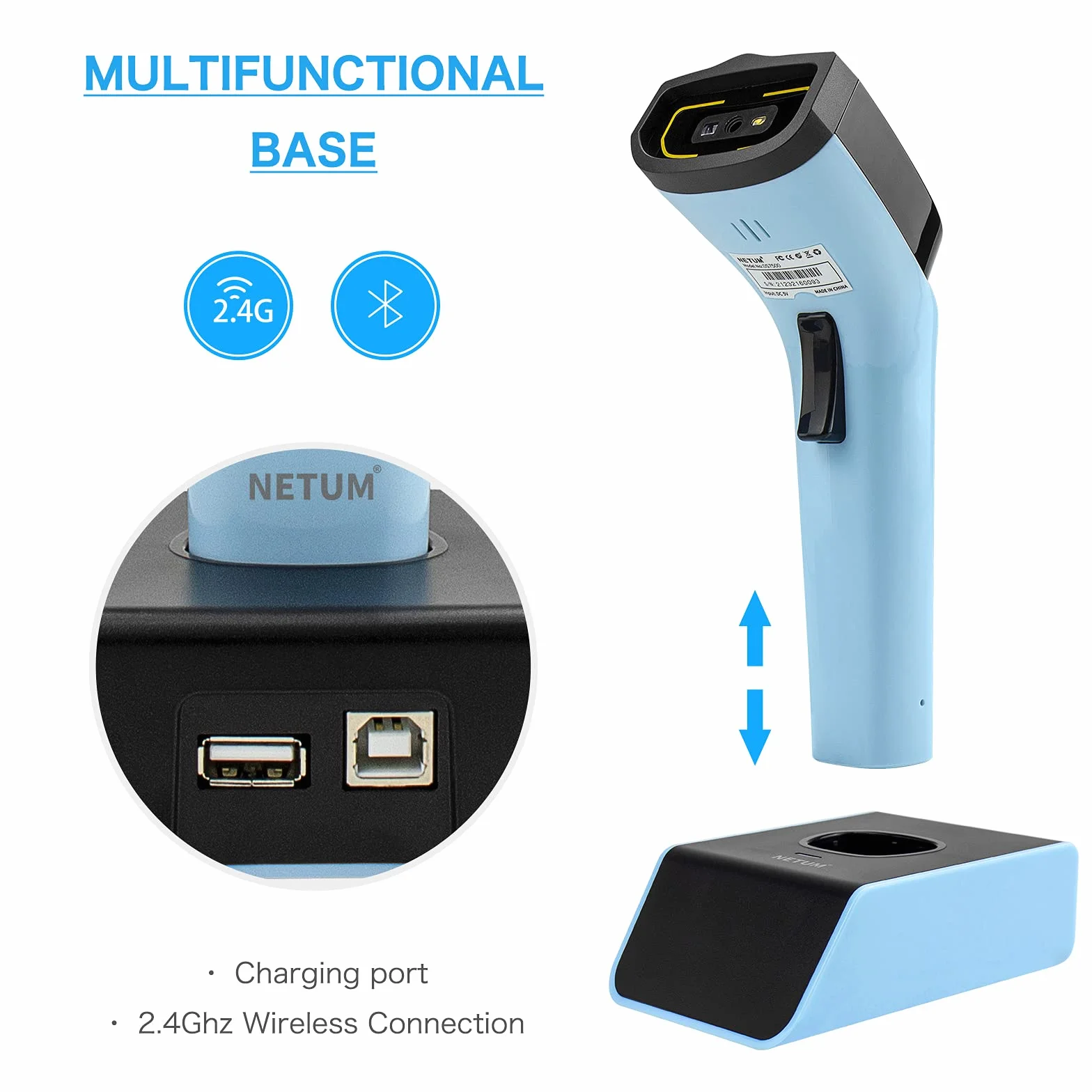 NETUM DS7500 Bezprzewodowy skaner kodów kreskowych 2D Bluetooth, z podstawą i wbudowaną pamięcią, działa z systemami MAC OS, Windows, iOS, Android, transfery do 50 metrów