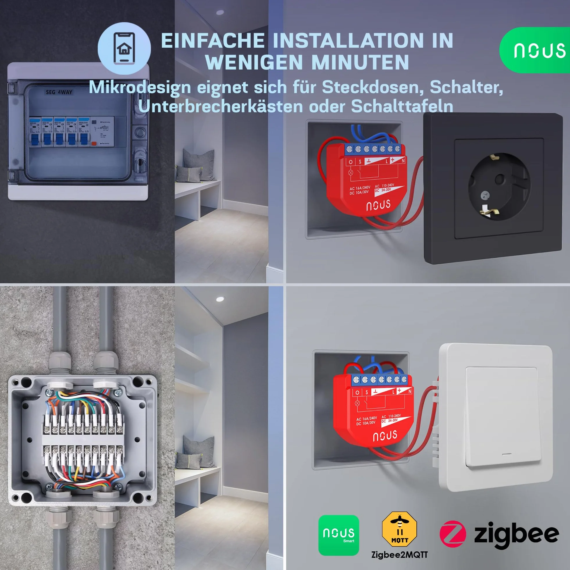 NOUS ZigBee Smart Switch moduły z pomiarem mocy, 1 kanał, AC 16 A/DC 10 A, suche styki, wymagany koncentrator 3.0, kompatybilny z Alexa, Zigbee2MQTT, Google Assistant, Home Assistant, Tuya