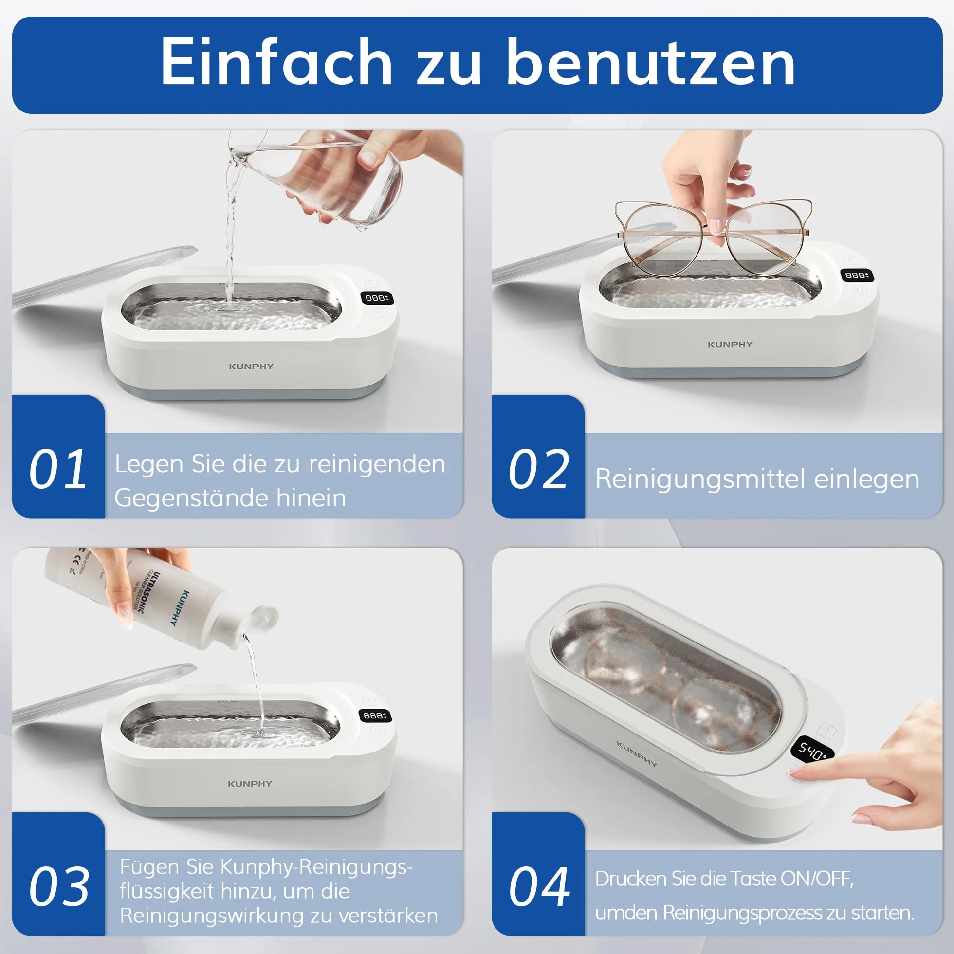 Kunphy Ultradźwiękowe urządzenie do czyszczenia okularów, 48000 Hz, 350 ml, z cyfrowym timerem, ultradźwiękowe urządzenie do czyszczenia okularów, biżuterii, szyn zębowych, monet