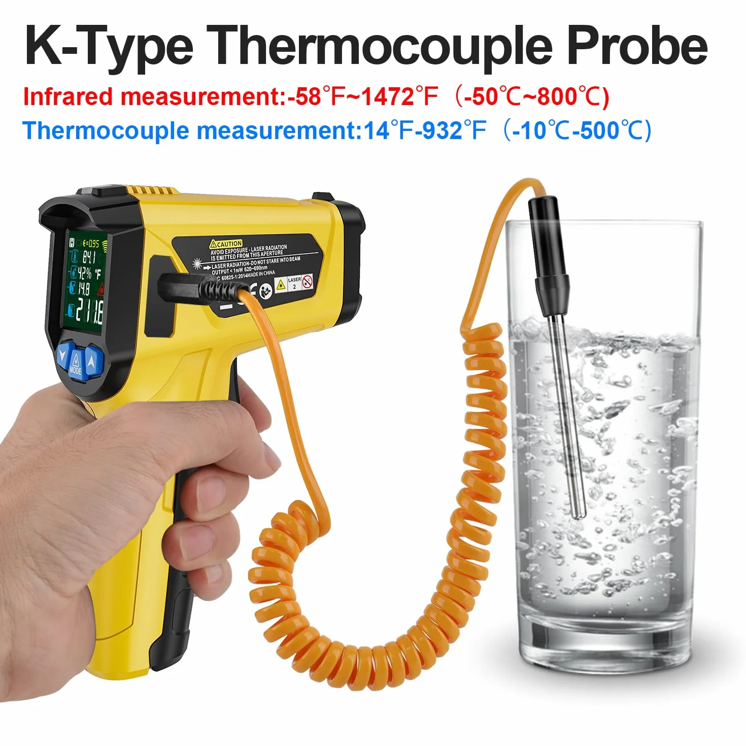 MESTEK Termometr na Podczerwie¨½ Pistolet Cyfrowy Laserowy Temperaturowy z K-Sond? 50¡æ~800¡æ Bezdotykowy Kolorowy Ekran LCD Wilgotno?? Gotowanie Piekarnik Grillowania Pizza