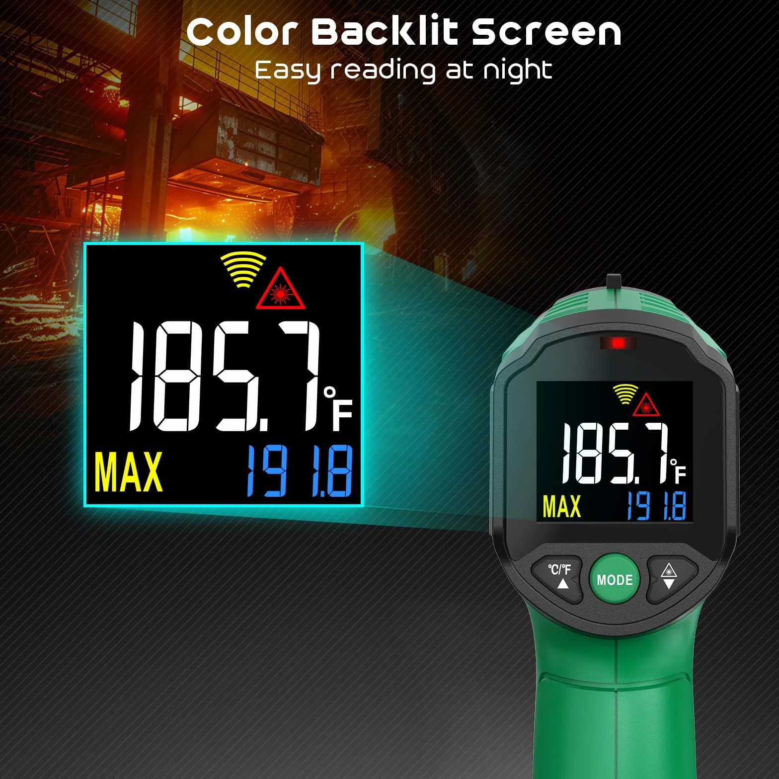 Termometr Na Podczerwień, SQECH Pistolet Z Termometrem Laserowym -50℃~600℃ (-58°F~1112°F), Pistolet Z Termometrem Na Podczerwień Z Kolorowym Podświetleniem, Odpowiedni Do Grillowania.(Zielony)