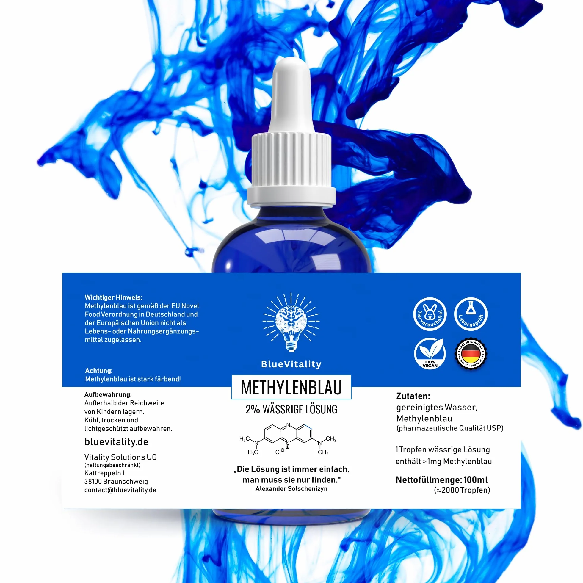 2% | podwójne stężenie | 100ml roztworu błękitu metylenowego 2% | jakość farmaceutyczna | 100% czystości USP | Made in Germany | niezależnie testowany laboratoryjnie | pipeta w zestawie