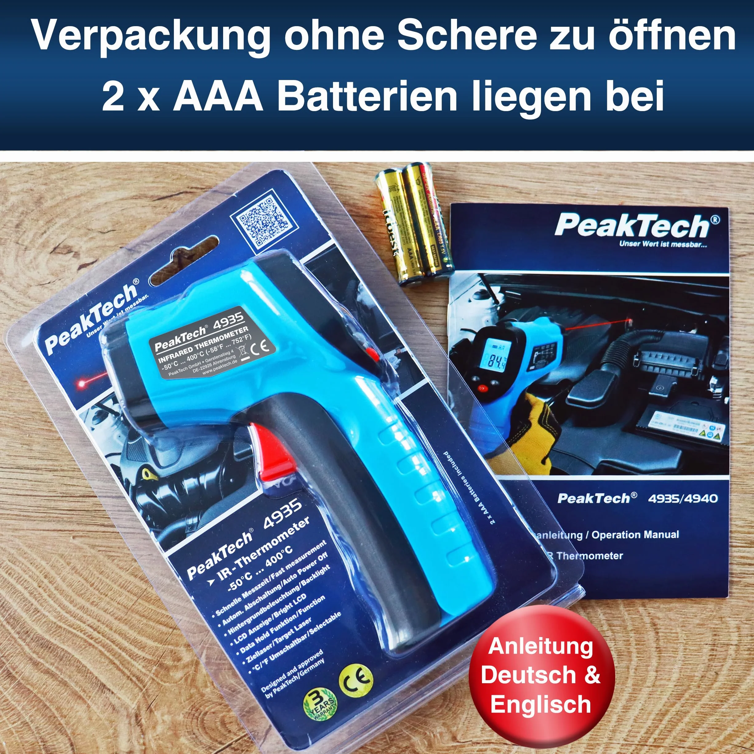 PeakTech 4940 termometr na podczerwień pirometr z laserem -50°C 600°C 12:1 0,5s emisyjność 0,95