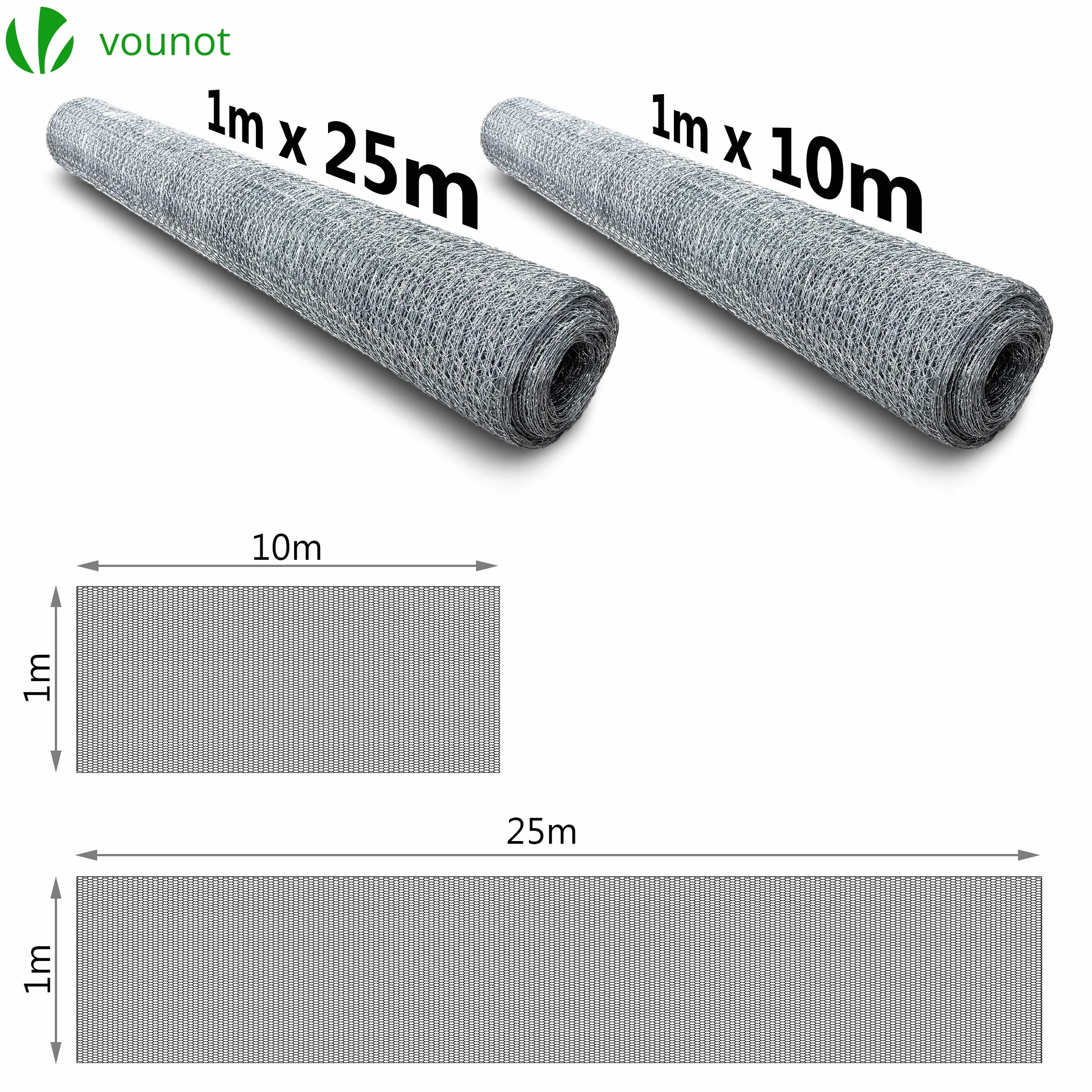 VOUNOT Ogrodzenie z siatki sześciokątnej, drut dla królików, oczko 13 mm, wys. 100 cm, dł. 25 m, ocynkowany srebrny