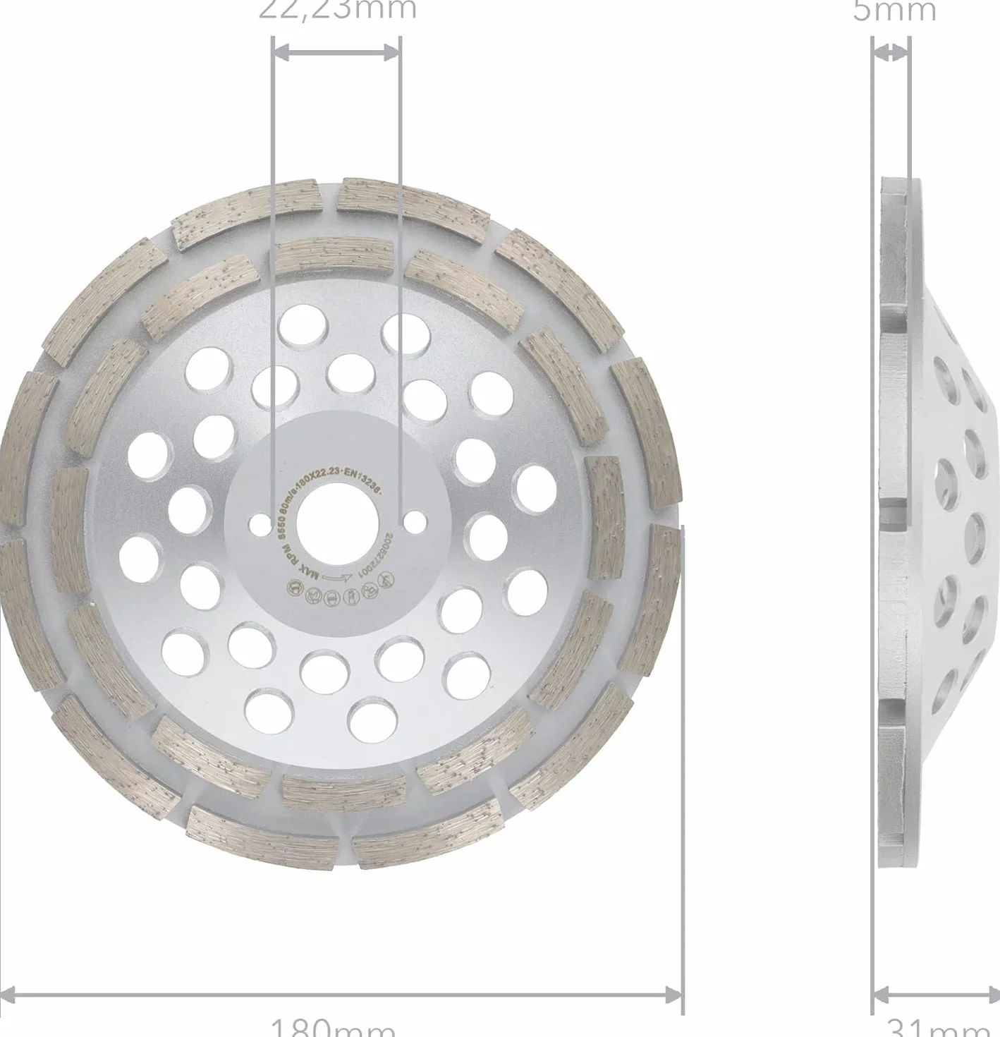 PRODIAMANT Diamentowa tarcza szlifierska 180 mm beton uniwersalna 180 mm x 22,2 mm talerz szlifierski dwurzędowy wysokość konstrukcyjna 31 mm